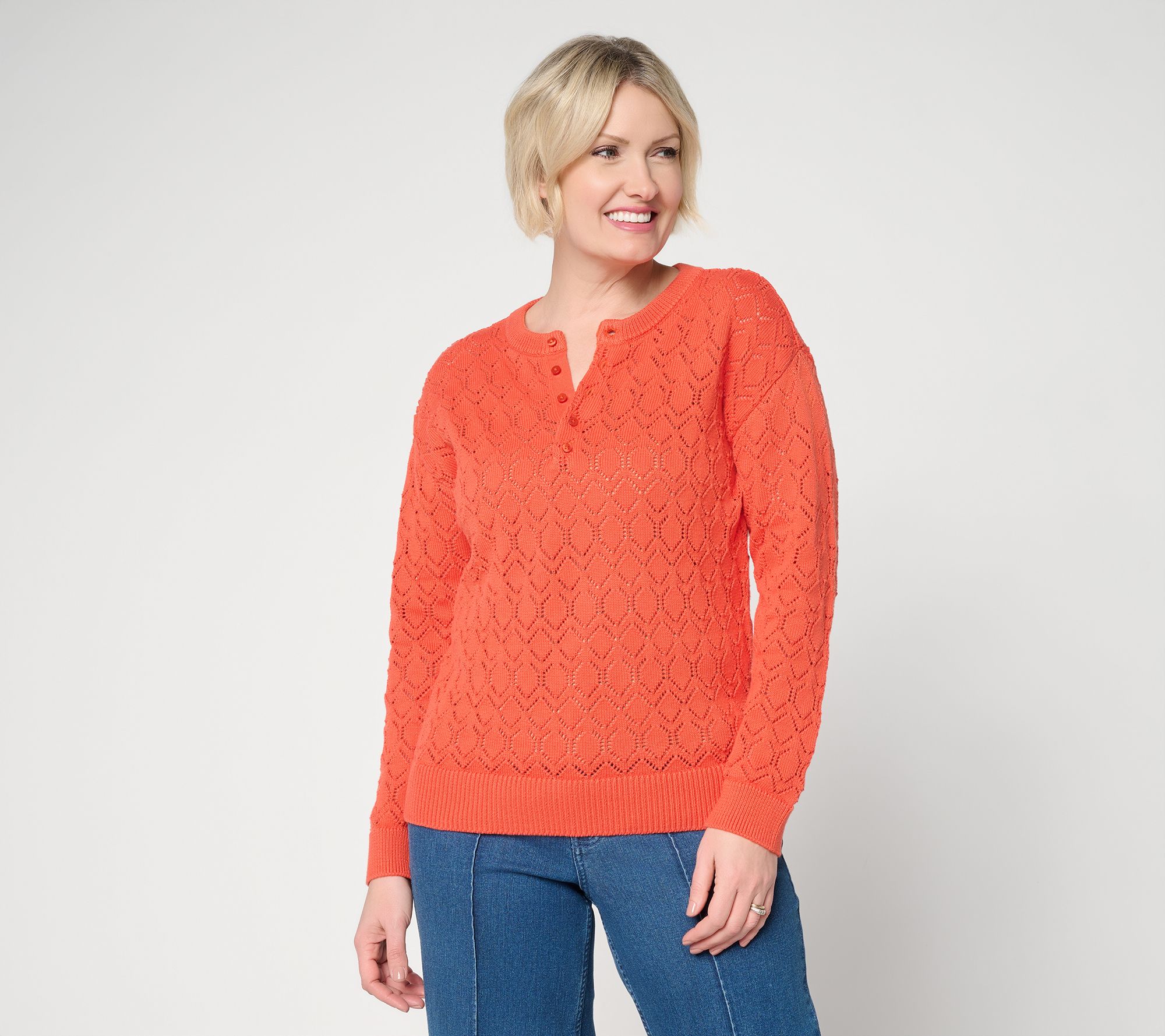 "As Is" Me by Jennie Garth Slouchy Pointelle Henley Sweater