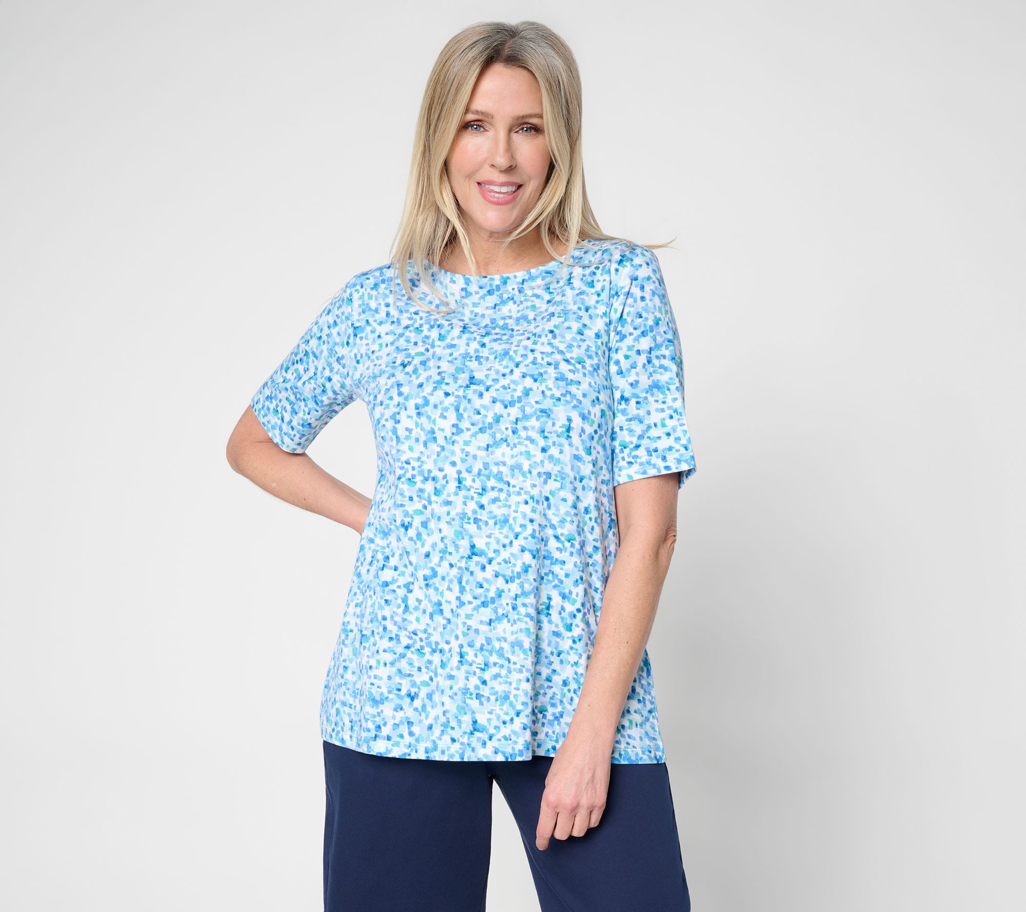 "As Is" Susan Graver Weekend Printed Comfy Cotton Bateau Neck A-Line Top