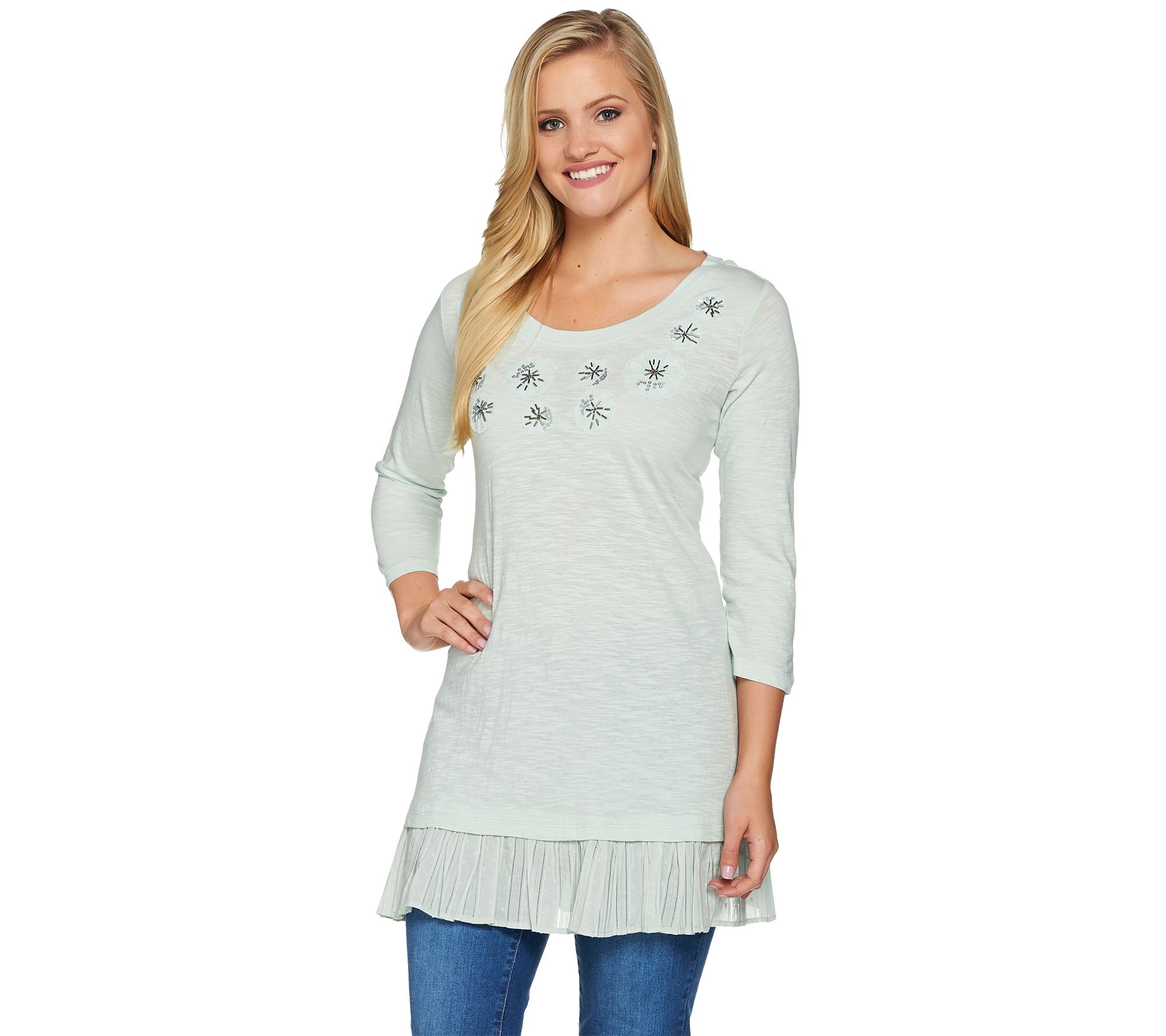 LOGO by Lori Goldstein Slub Knit Embellished Top with Hem Detail - QVC.com