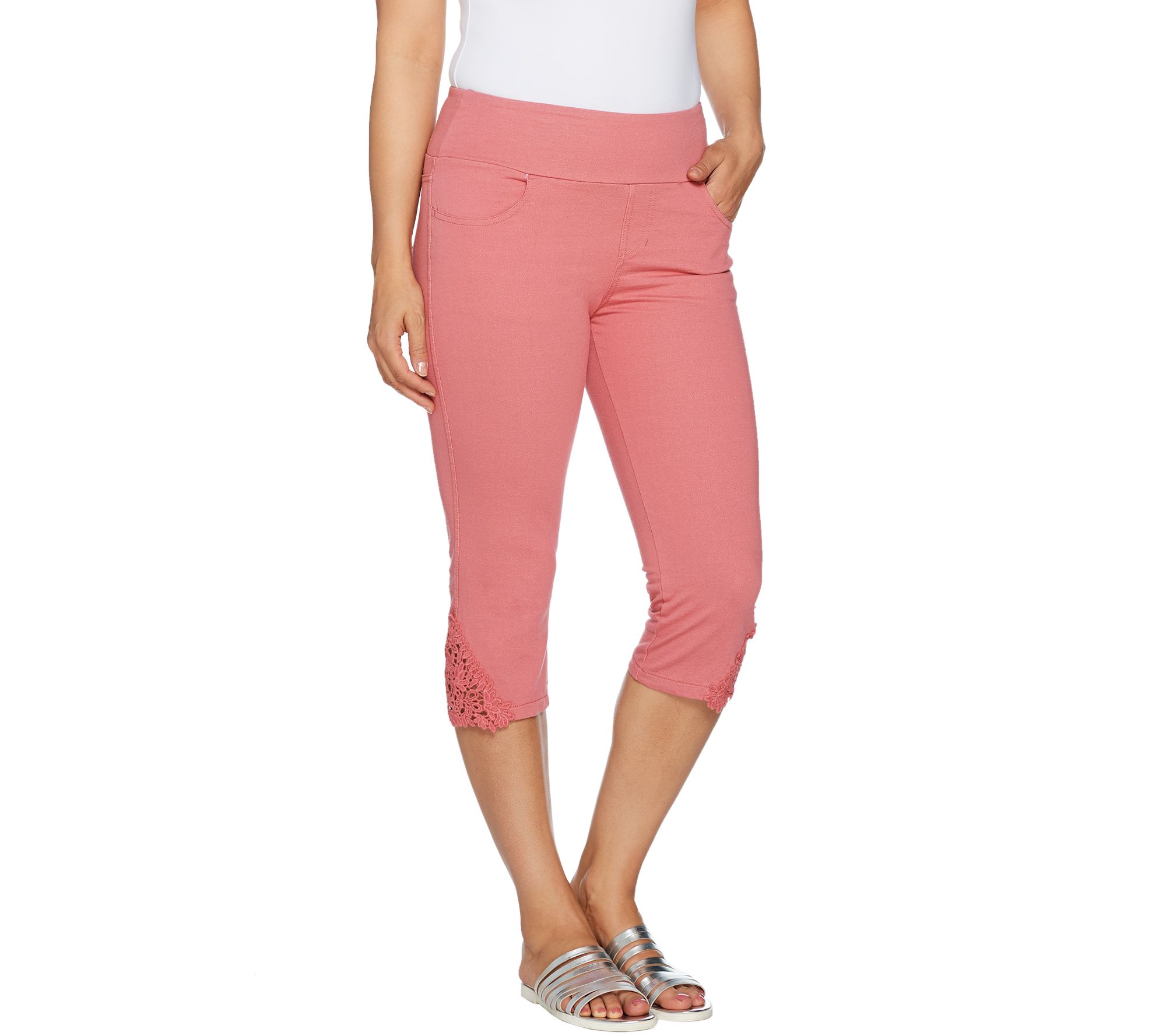 Denim & Co. Knit Denim Pull-On Capri Pants with Crochet Detail - QVC.com