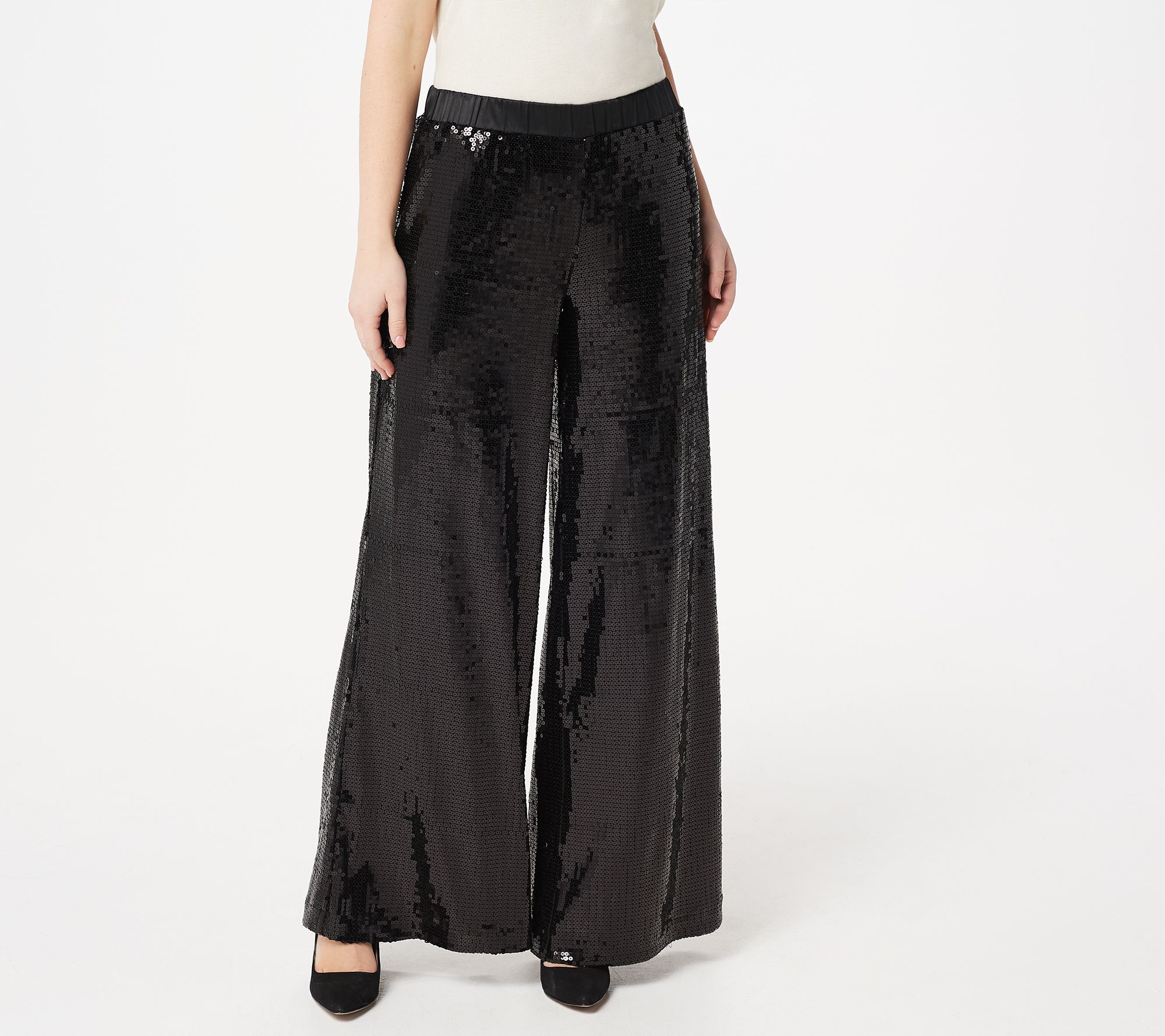 Lisa Rinna Collection Stretch Pull-On Sequin Wide Leg Pants