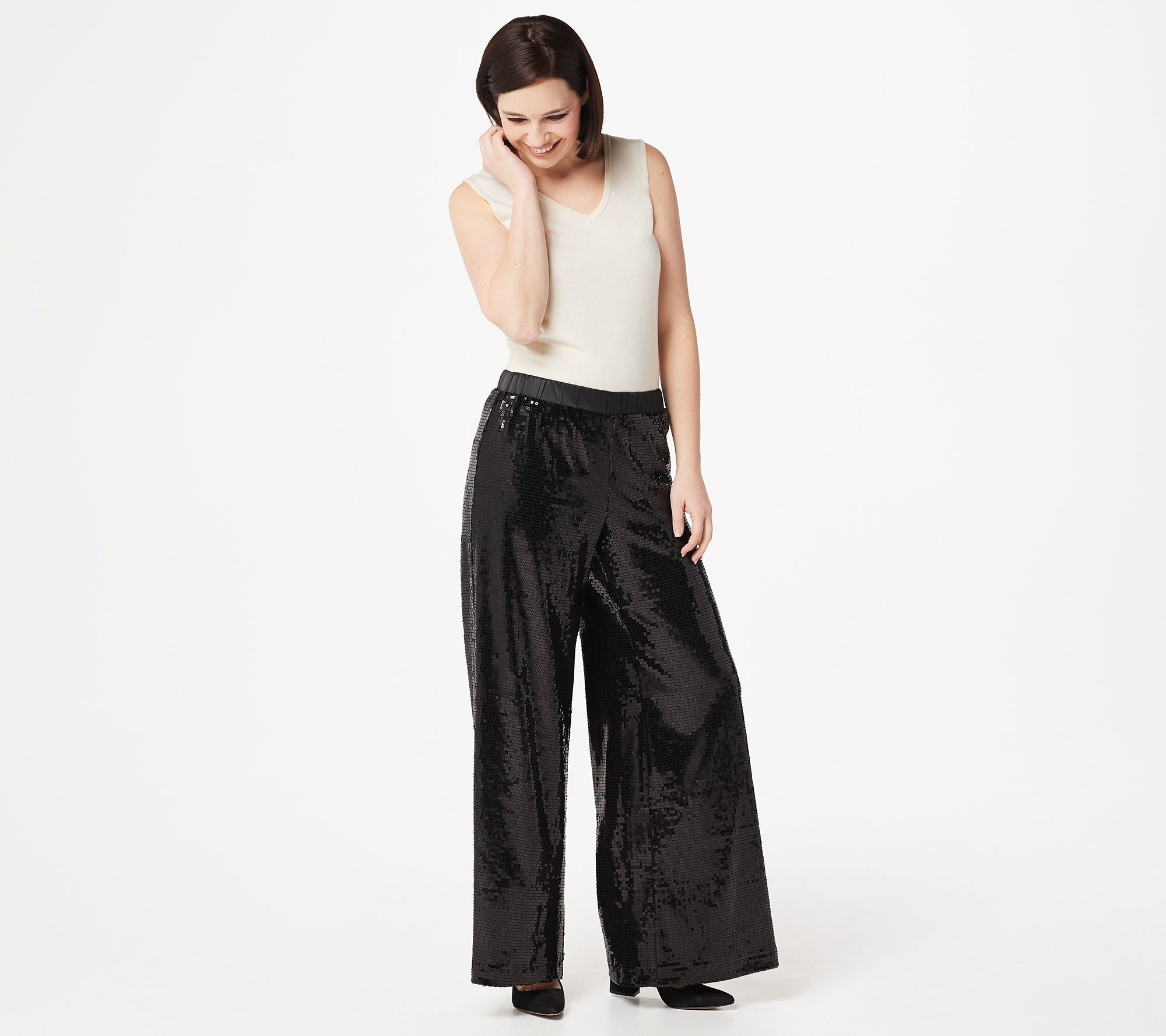 Lisa Rinna Collection Stretch Pull-On Sequin Wide Leg Pants - QVC.com