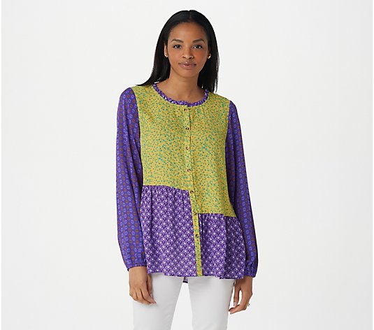 LOGO by Lori Goldstein Button Front Printed Blouse with Ruffles
