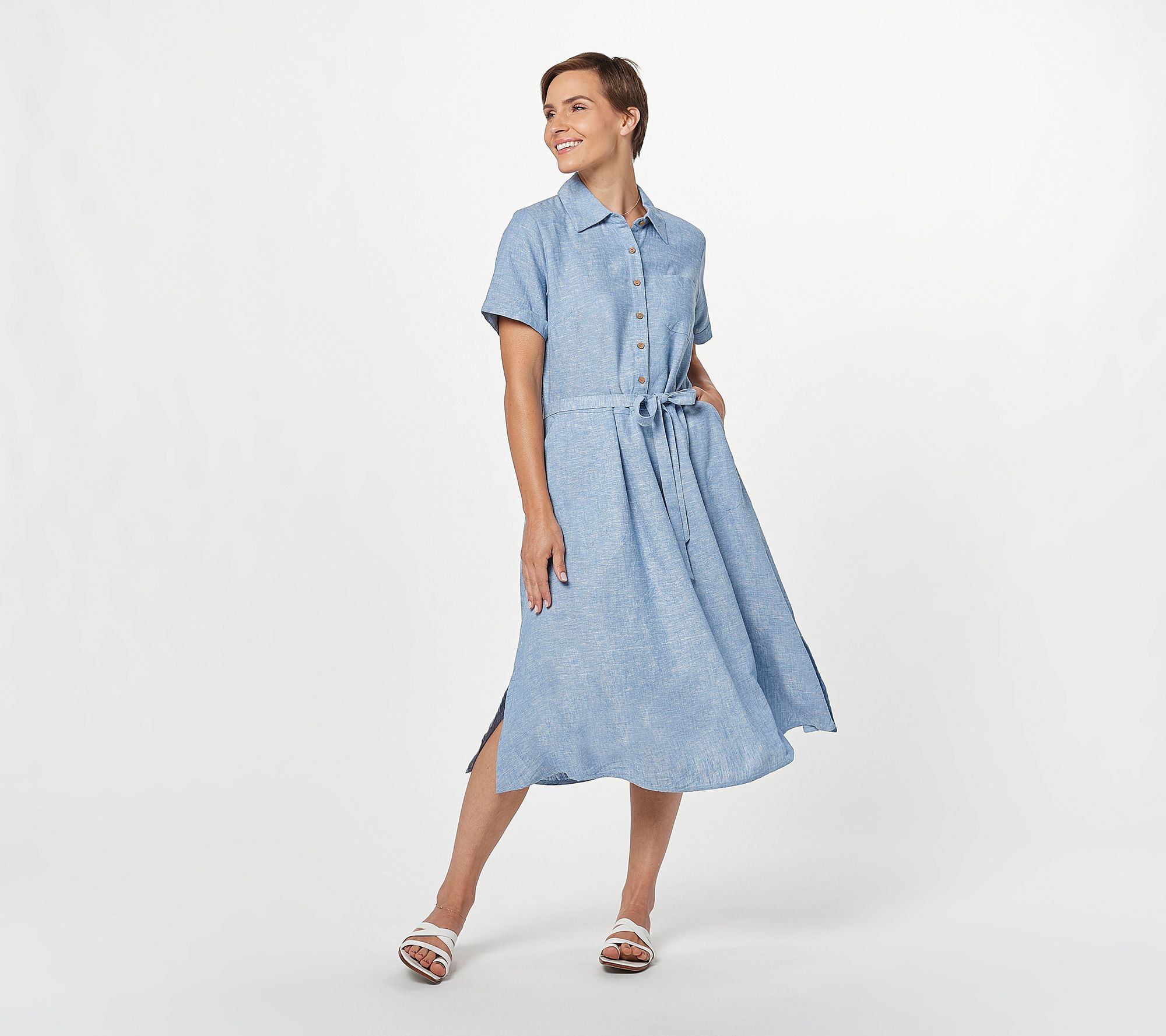 Denim & Co. Naturals Linen Blend Tie-Waist Dress - QVC.com