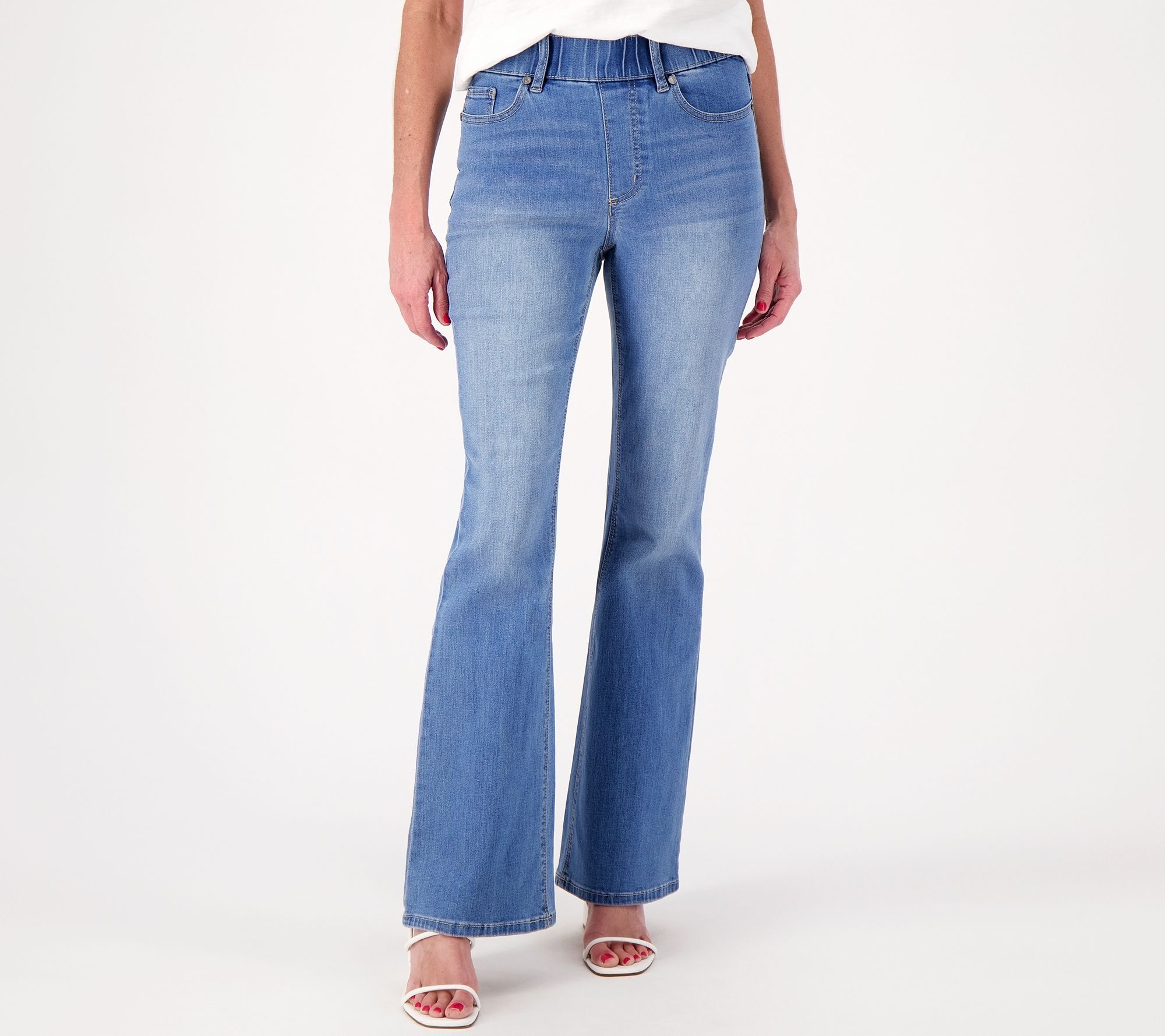 Women's Bargain Bells High Rise Stretch Light Wash Pull-On Flare Jeans
