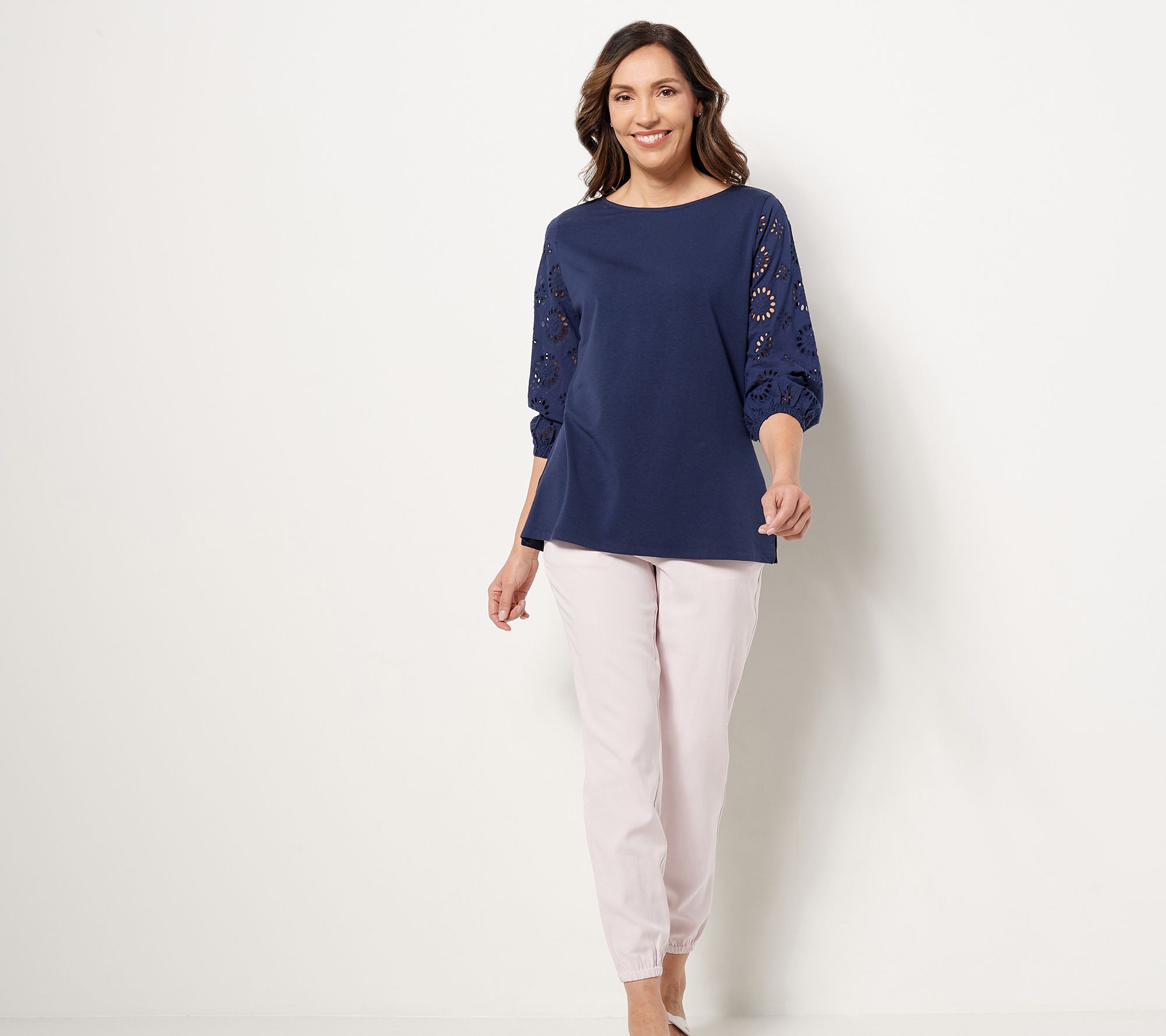 As Is Belle By Kim Gravel Tripleluxe Knit 34 Eyelet Sleeve Top 