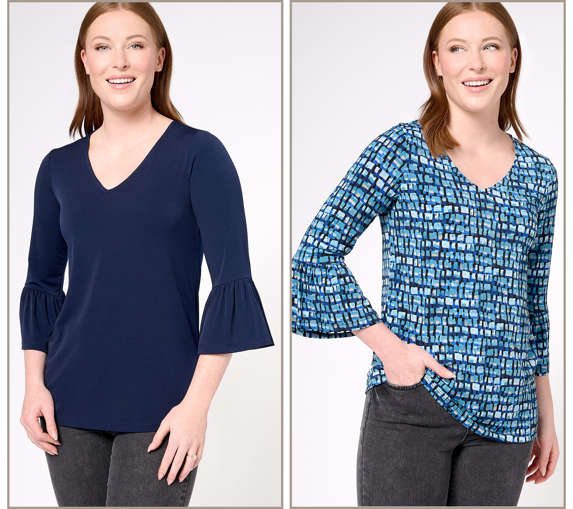 Susan Graver Set of 2 Print & Solid Liquid Knit 3/4 Bell Sleeve Tops