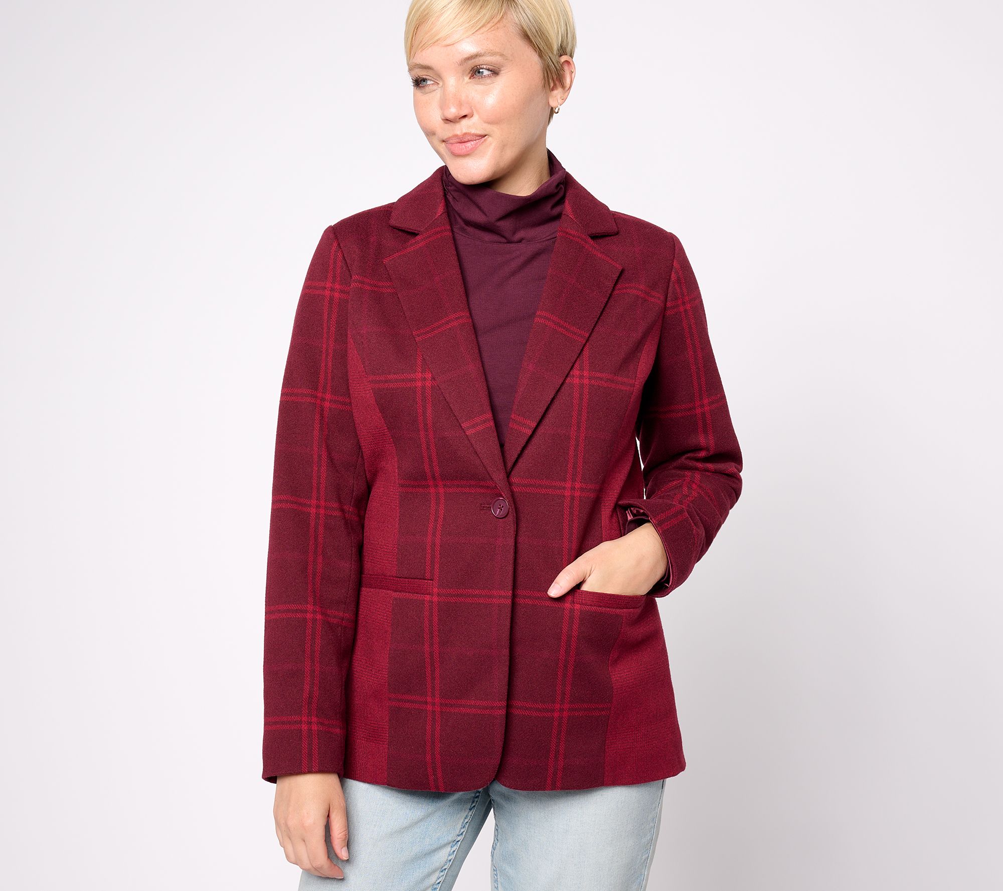 Isaac Mizrahi Live! Estate Yarn Dye Plaid Mixed Knit Blazer