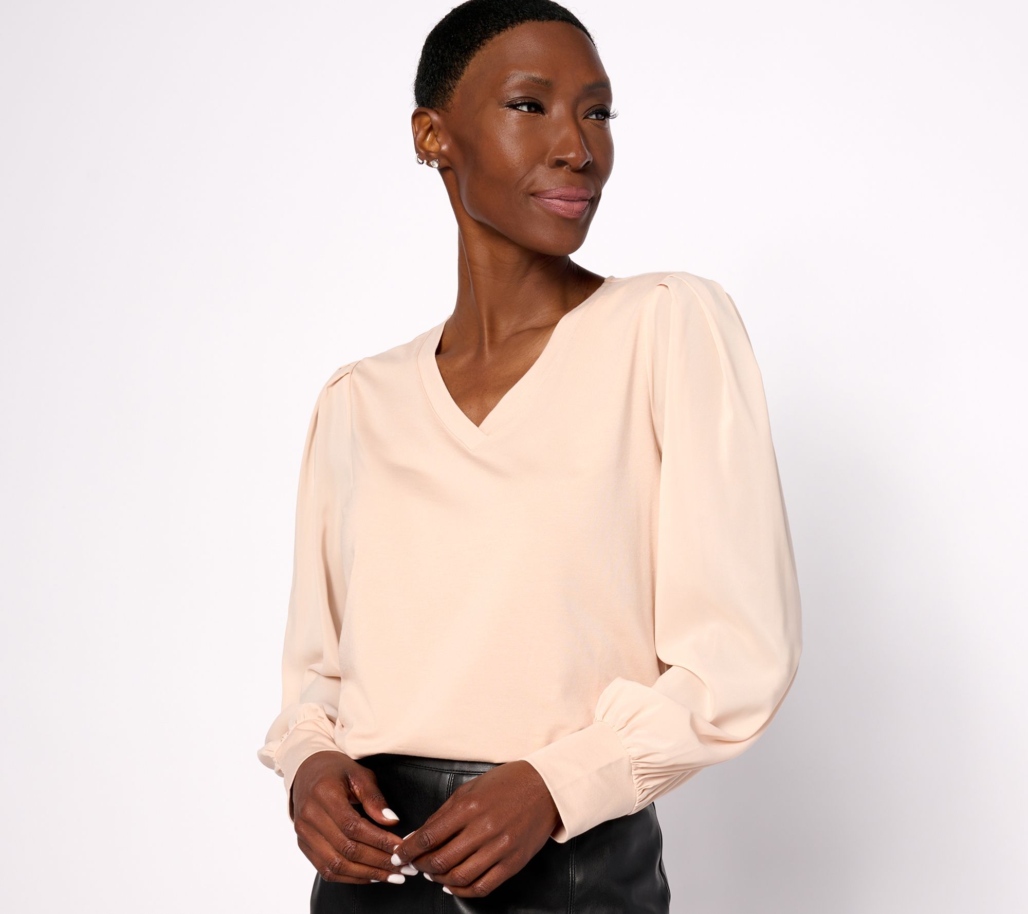 Belle by Kim Gravel TripleLuxe Knit V Neck Top with Chiffon Sleeves