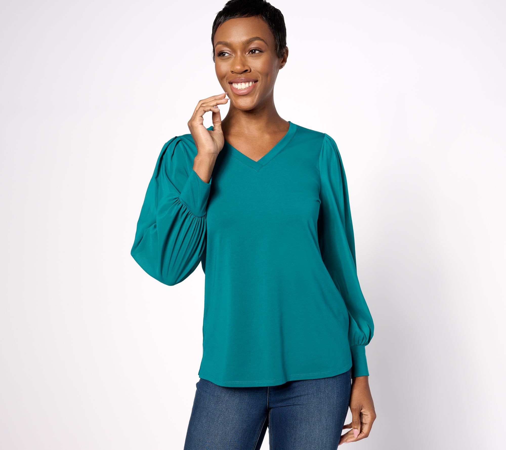 Belle by Kim Gravel TripleLuxe Knit V Neck Top with Chiffon Sleeves
