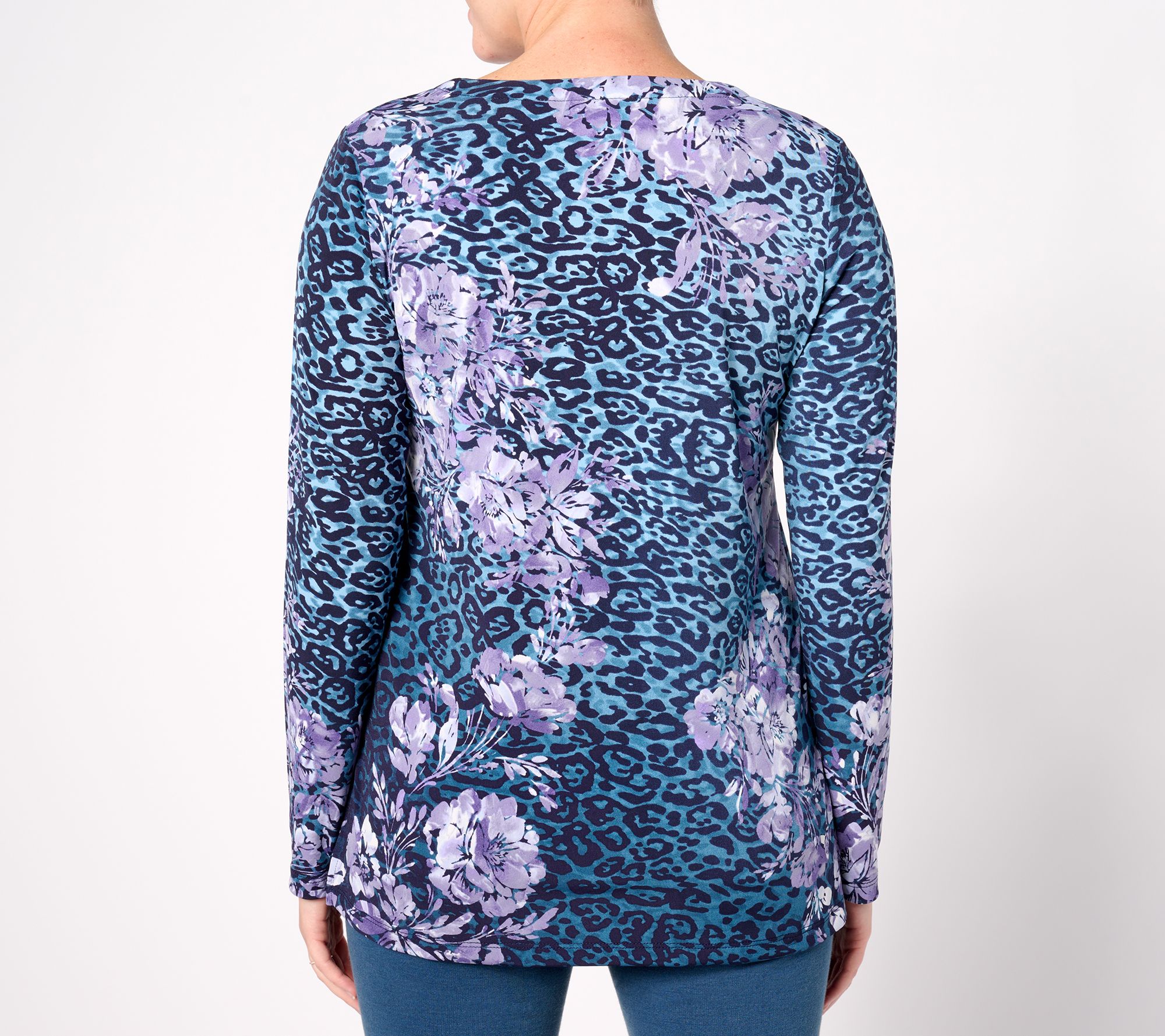 Susan Graver Regular Printed Liquid Knit Split Neck Long Sleeve Tunic -  QVC.com