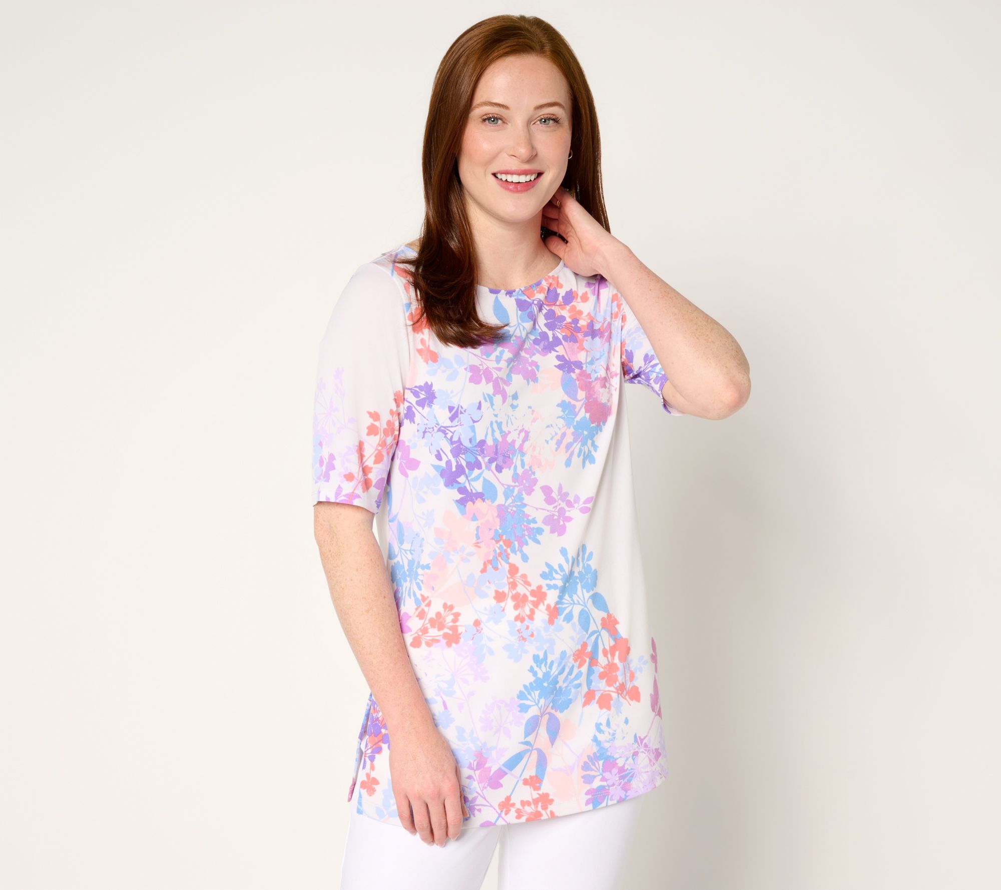 Susan Graver Regular Printed Liquid Knit Elbow Sleeve Bateau Neck Top