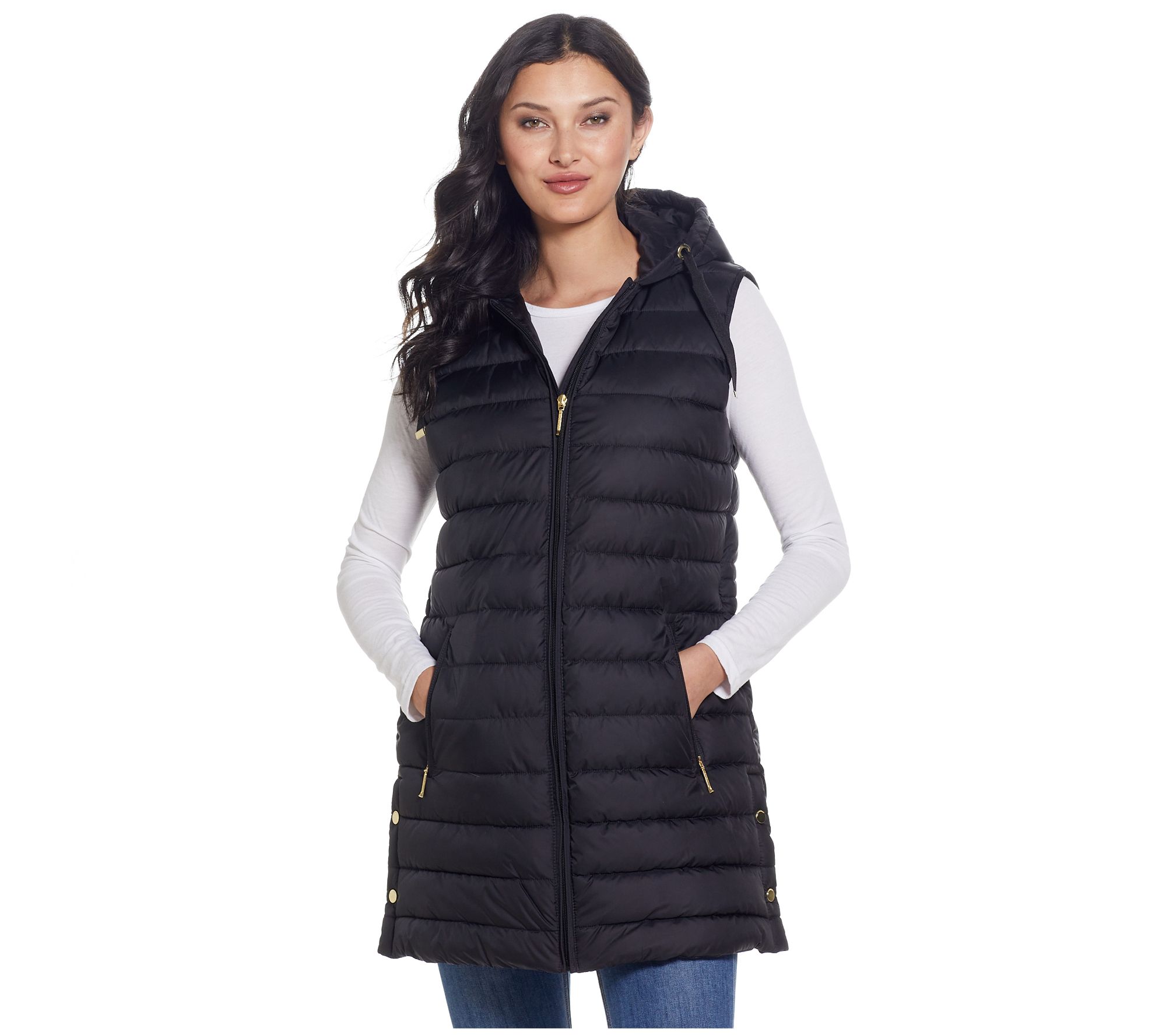 Weatherproof Hooded Channel Quilted Longline Vest