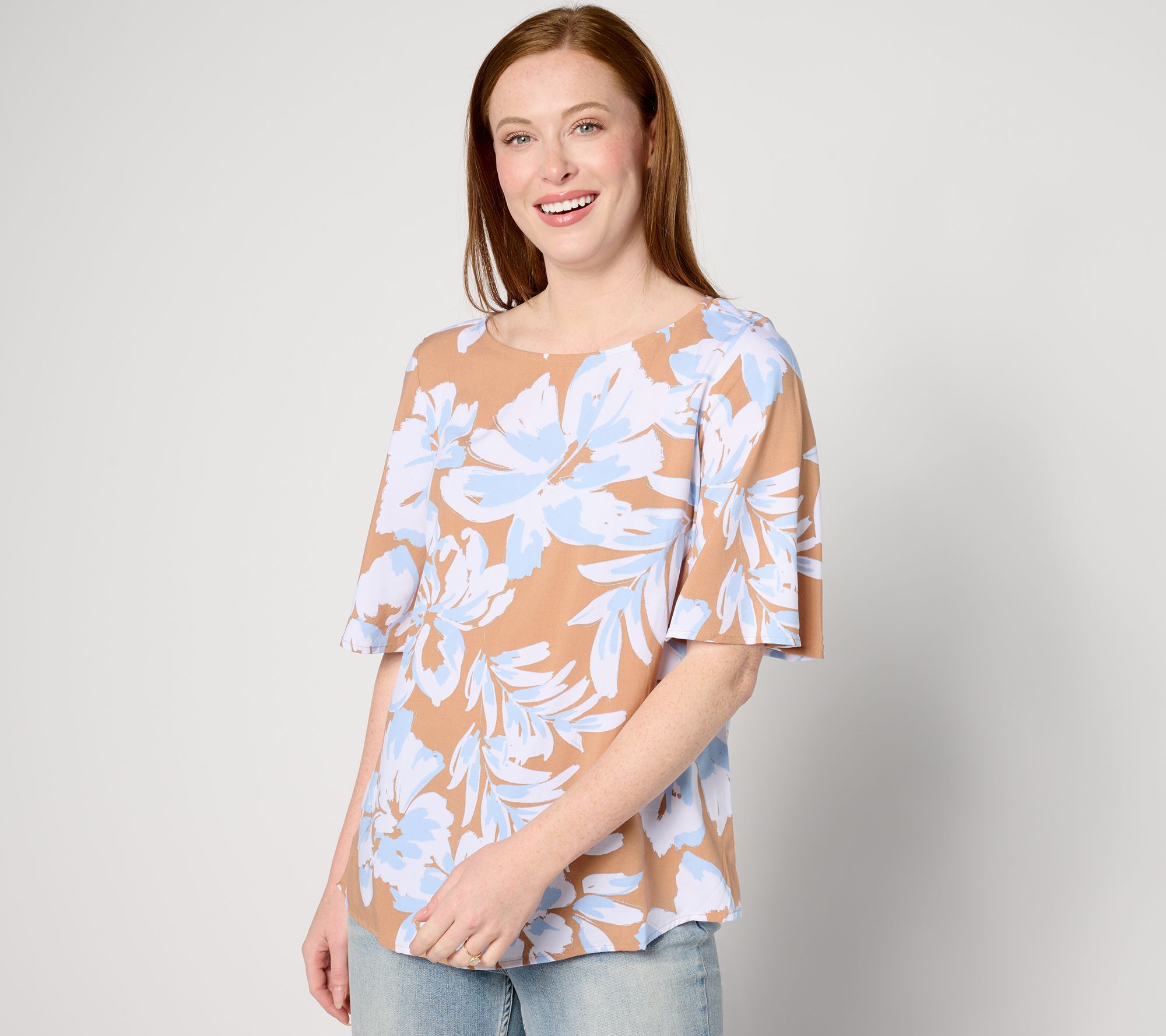 Denim & Co. Printed Boatneck Blouse w/ Flutter Sleeve
