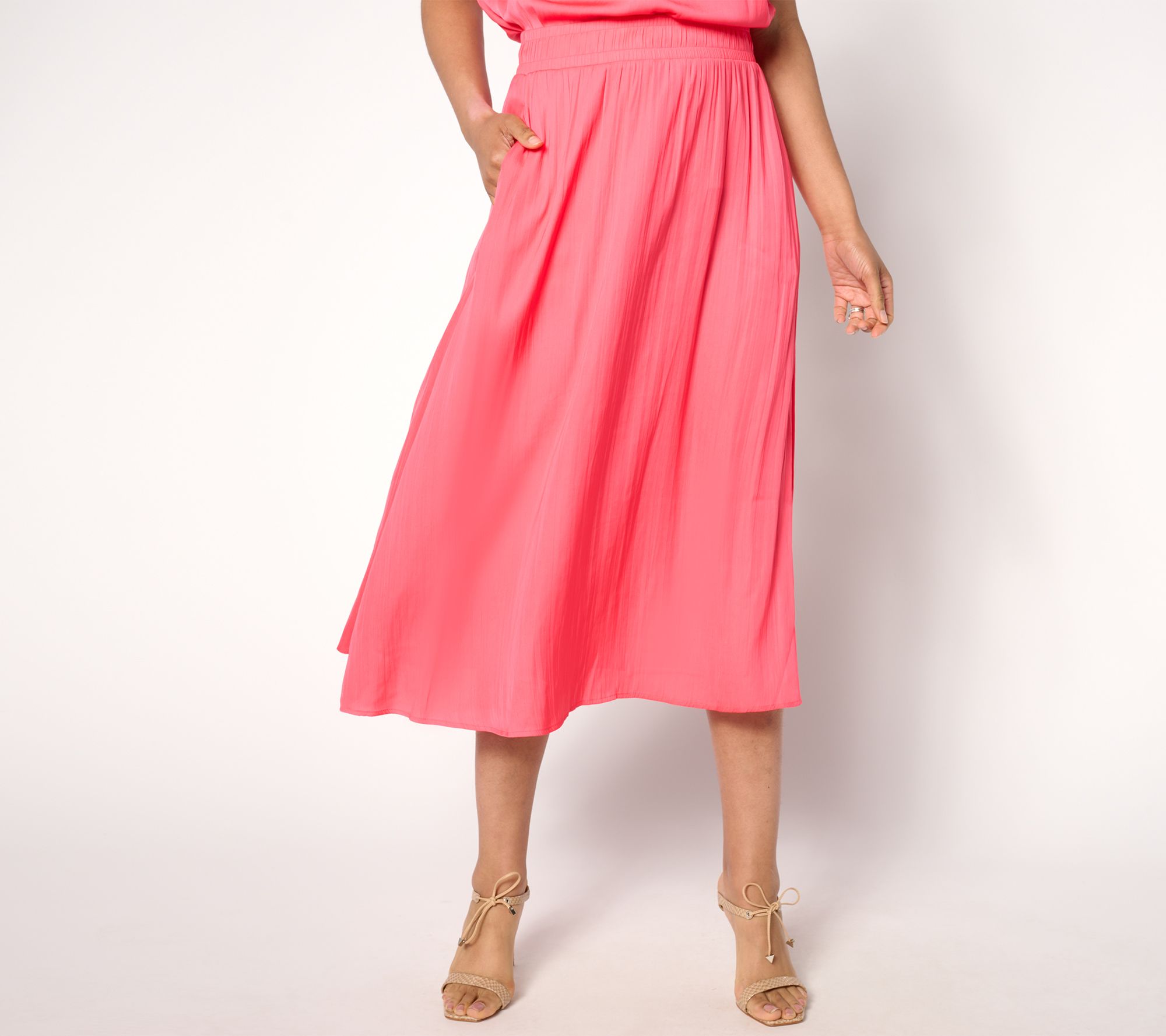 Isaac Mizrahi Live! Tall Crinkle Satin Pull-On Midi Skirt