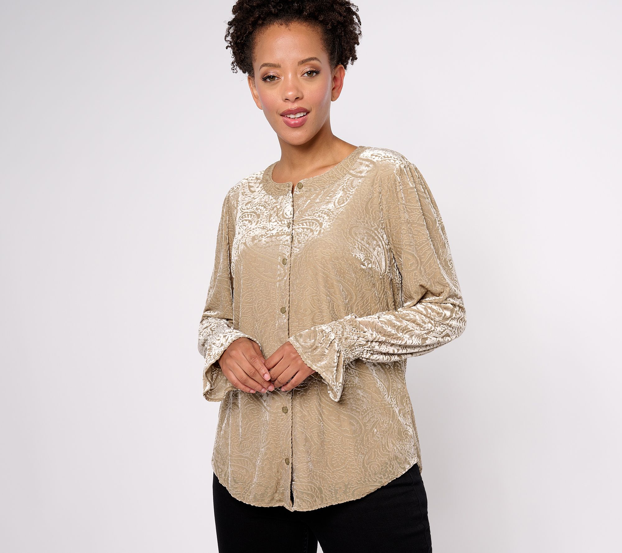 "As Is" Isaac Mizrahi Live! Burnout Velvet Button Front Top w/ Hi Low