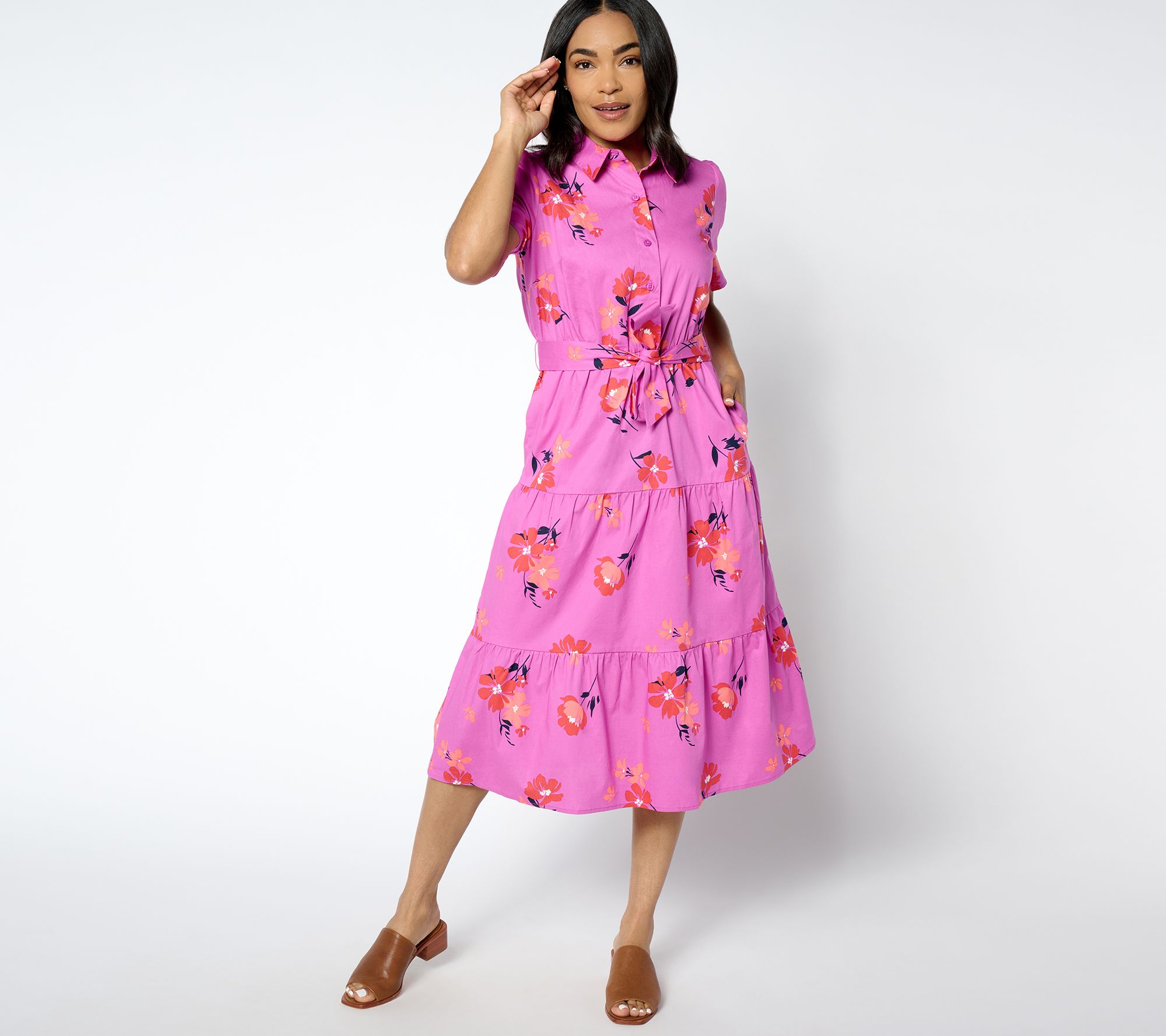 Denim & Co. Printed Poplin Tiered Shirt Dress with Pockets