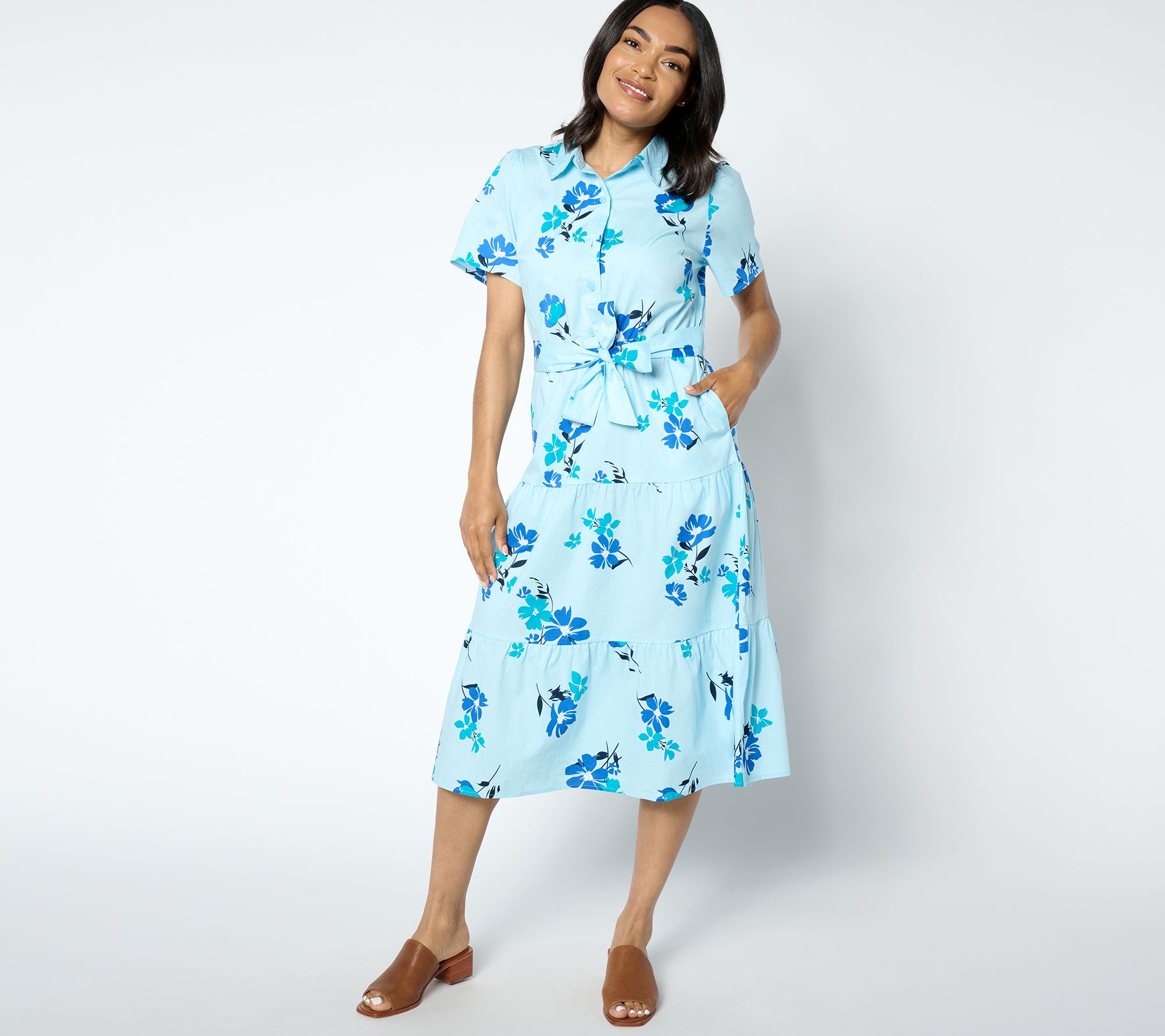 Denim & Co. Printed Poplin Tiered Shirt Dress with Pockets