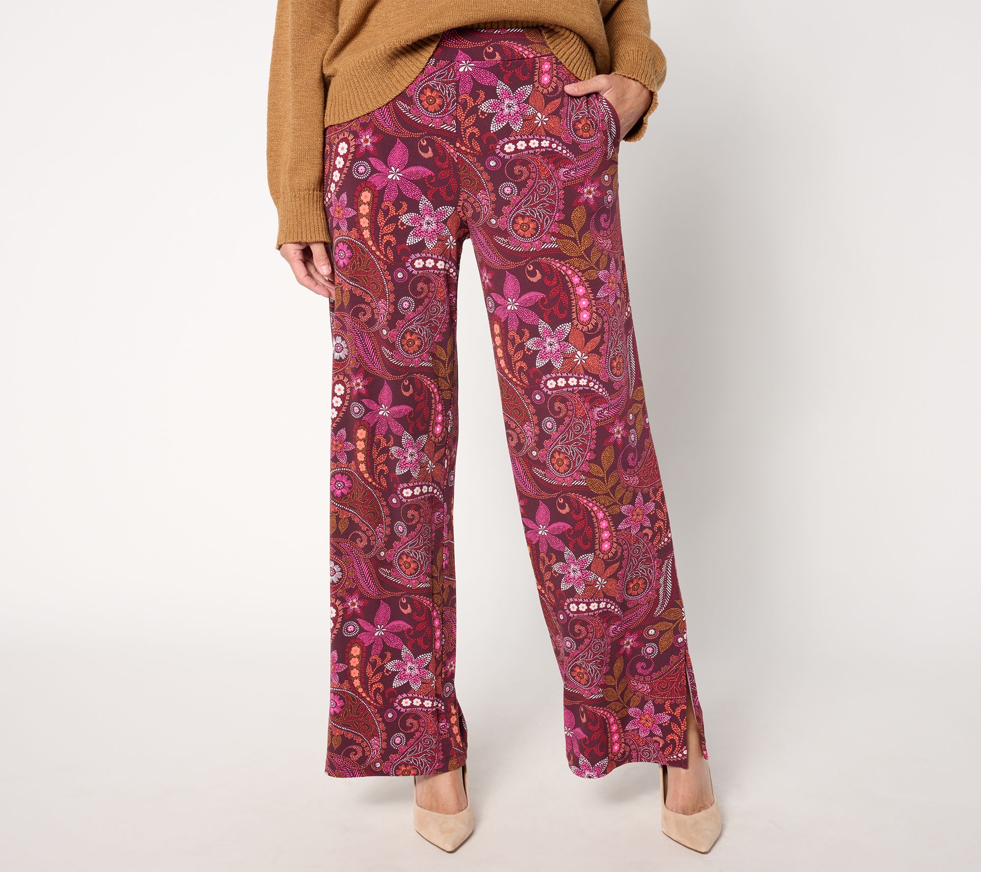 Susan Graver Pet Printed Liquid Knit Wide-Leg Pants w/ Slits