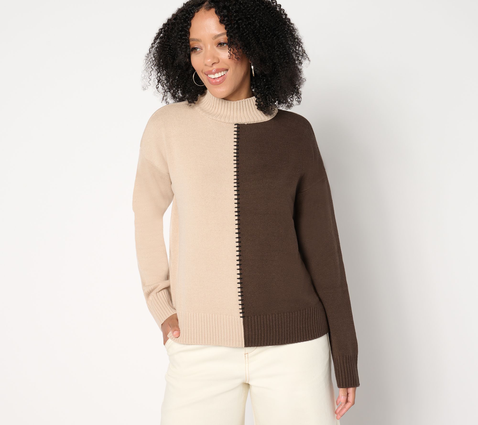 Peace Love World Solid or Split Color Mock-Neck Sweater