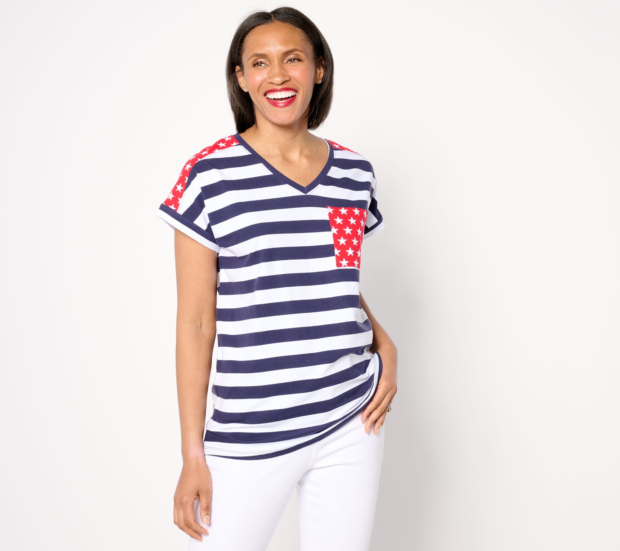 "As Is" Denim & Co. Americana Printed Stars & Stripes V-Neck Top