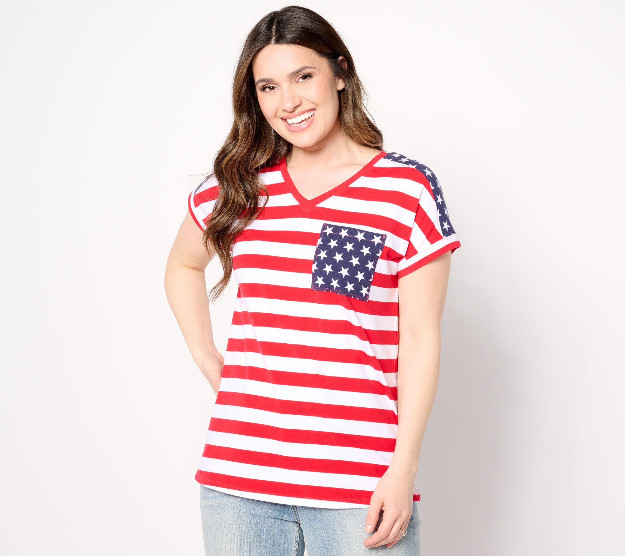 "As Is" Denim & Co. Americana Printed Stars & Stripes V-Neck Top