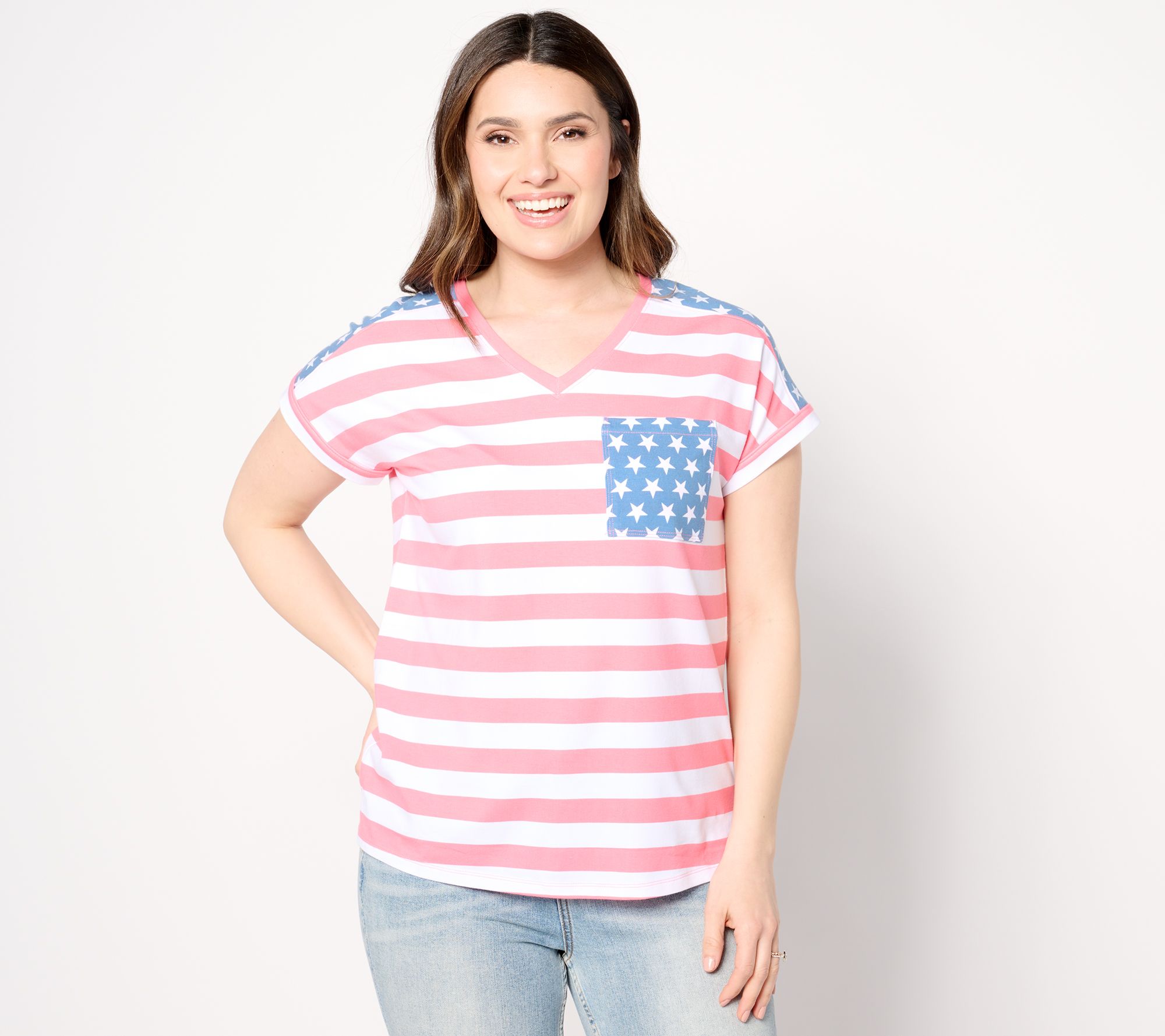 "As Is" Denim & Co. Americana Printed Stars & Stripes V-Neck Top