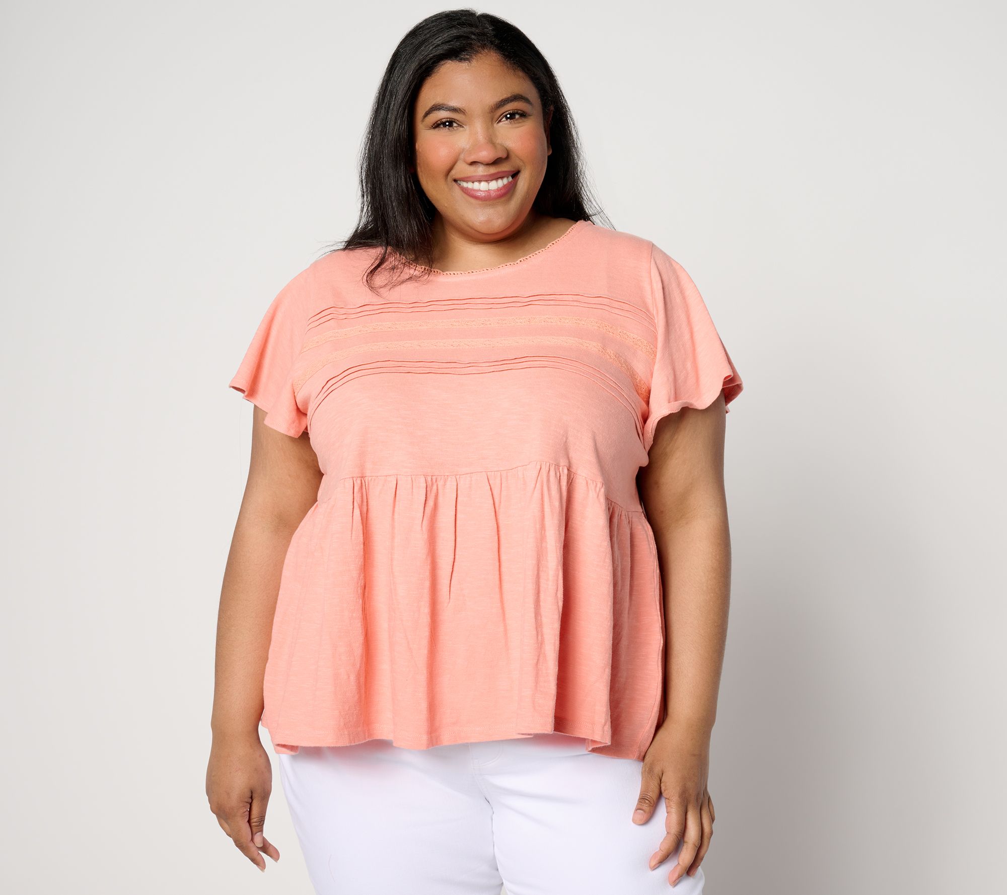 "As Is" Denim & Co. Canyon Retreat Short Sleeve Crew Neck w/ Lace