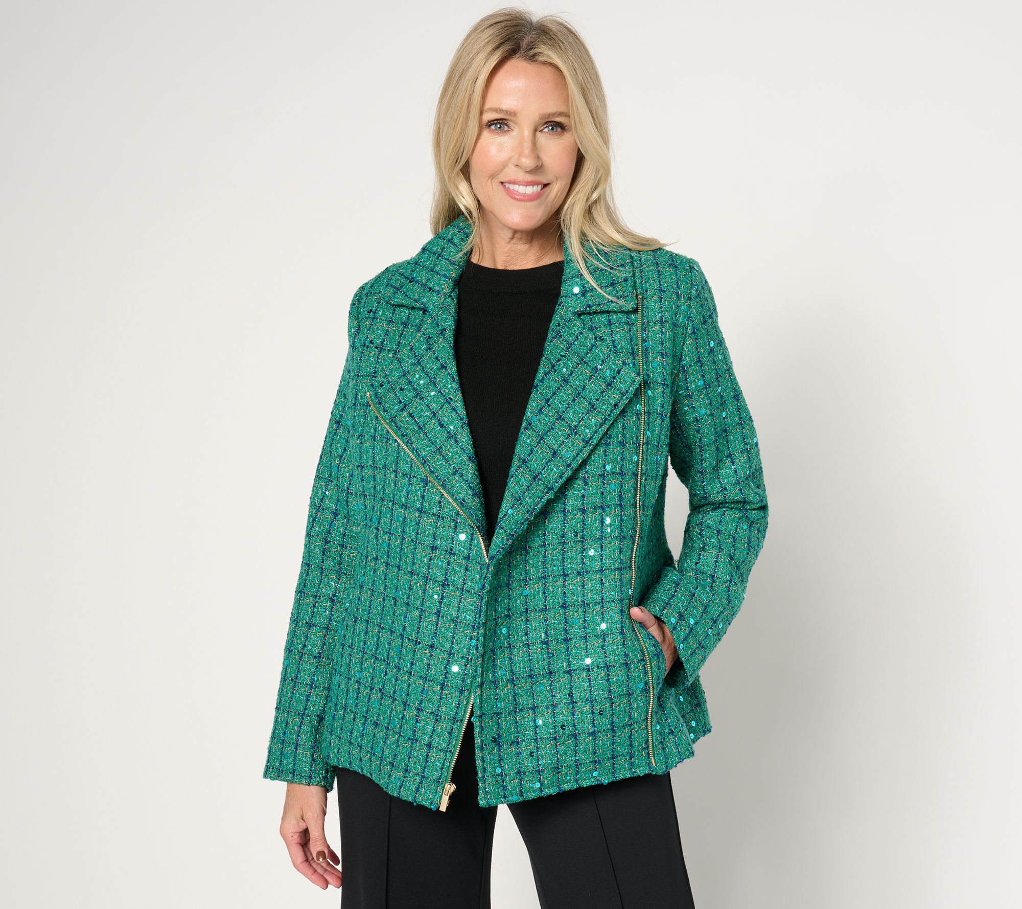 GRAVER Susan Graver Sequin Tweed Long-Sleeve Moto Jacket
