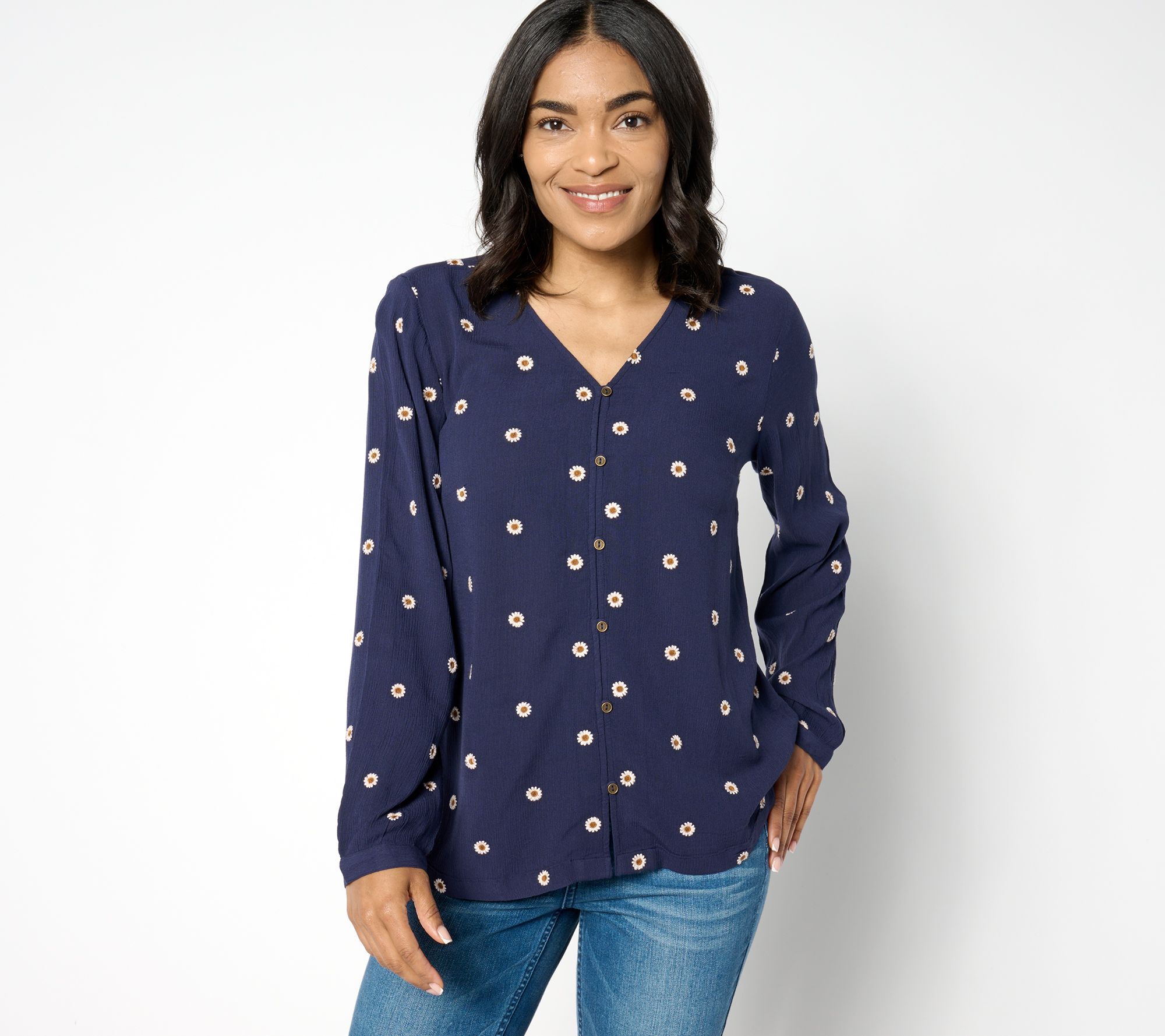 "As Is" Denim & Co. Rayon Crinkle Embroidered Blouse