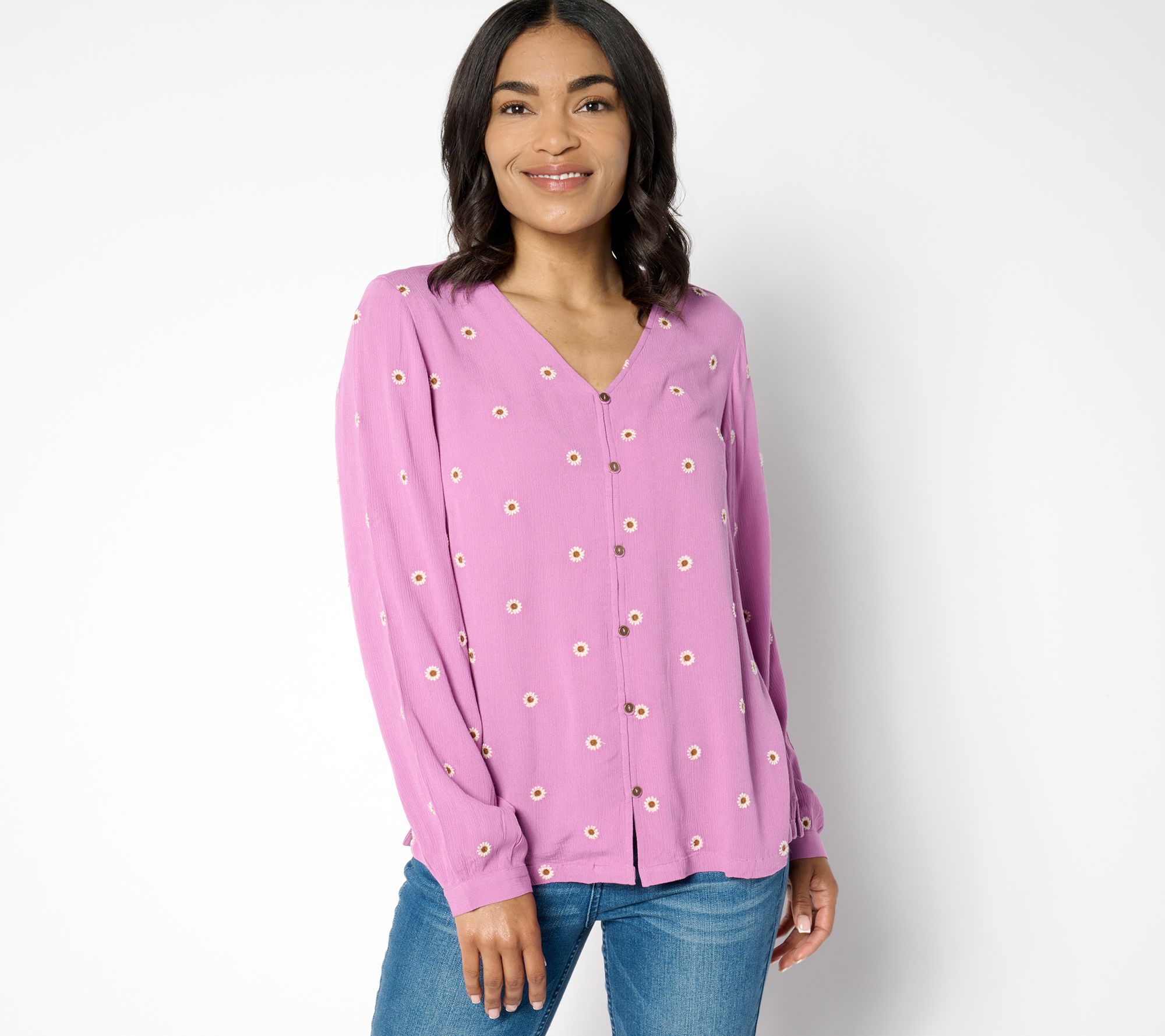 "As Is" Denim & Co. Rayon Crinkle Embroidered Blouse