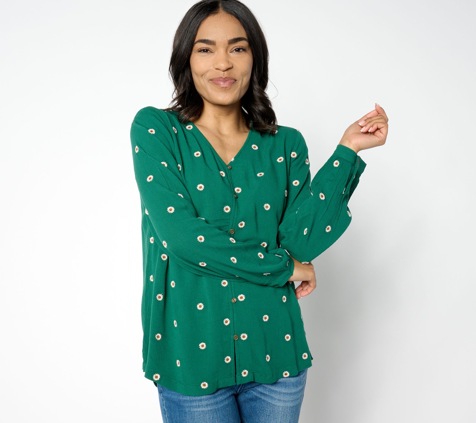 "As Is" Denim & Co. Rayon Crinkle Embroidered Blouse