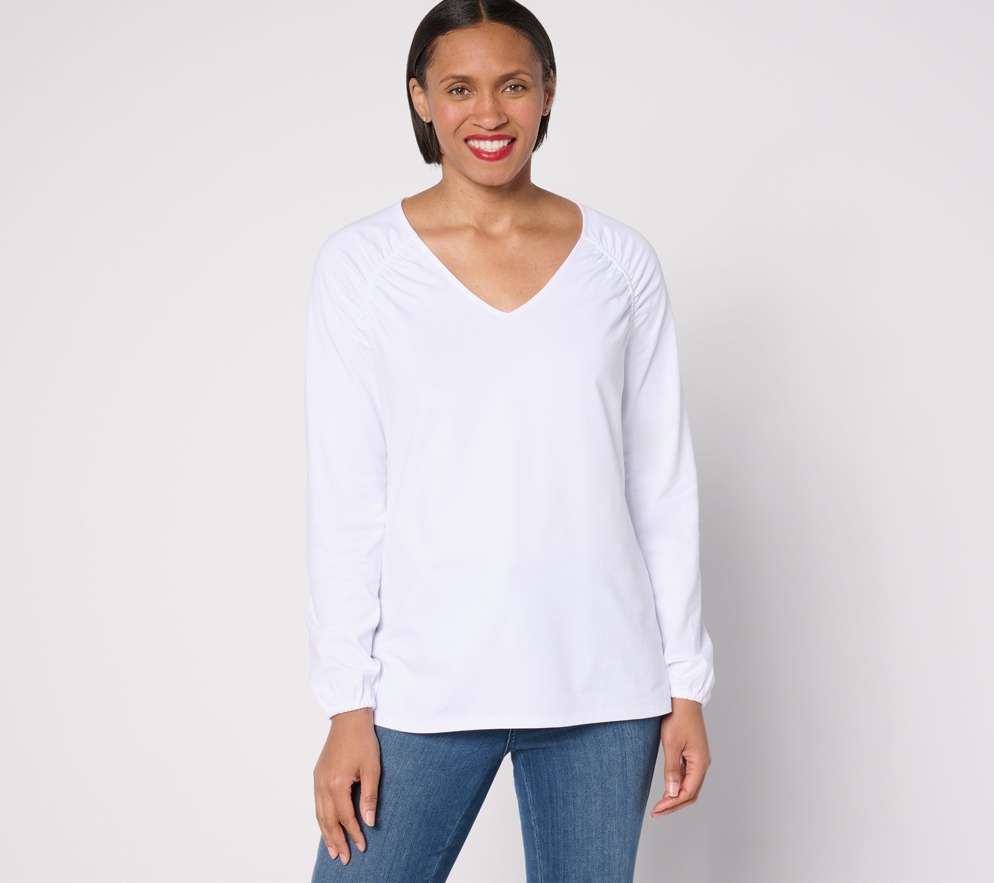 Belle by Kim Gravel TripleLuxe Knit Ruched Shoulder V-Neck Top