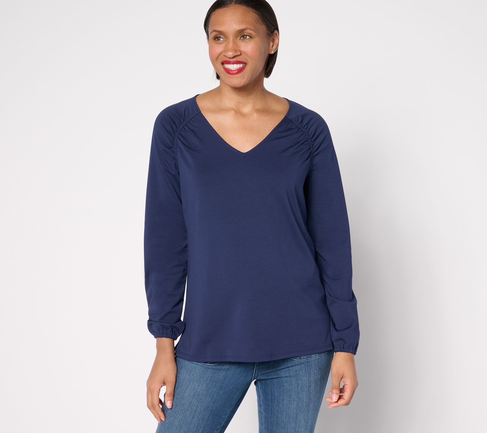 Belle by Kim Gravel TripleLuxe Knit Ruched Shoulder V-Neck Top