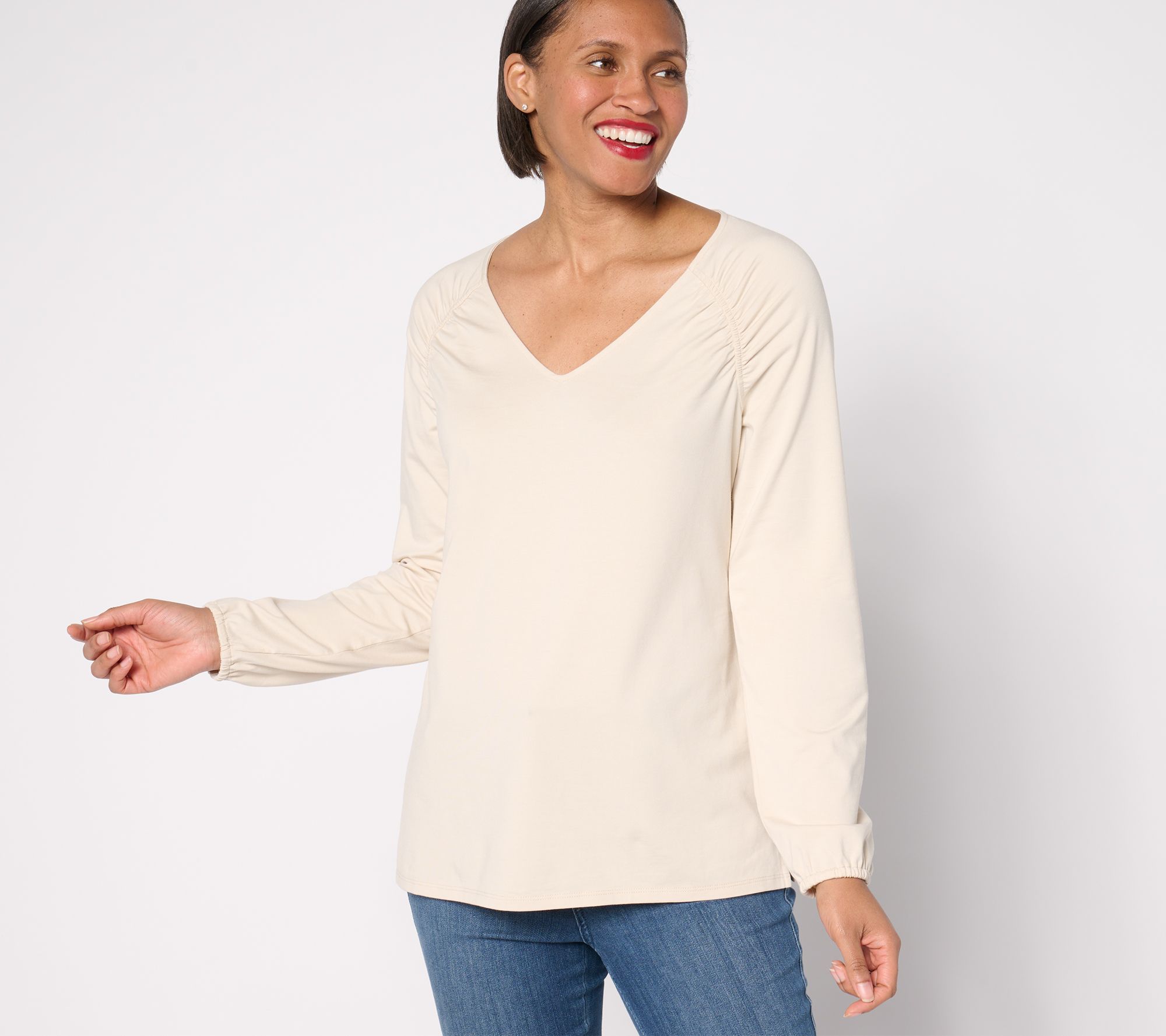 Belle by Kim Gravel TripleLuxe Knit Ruched Shoulder V-Neck Top