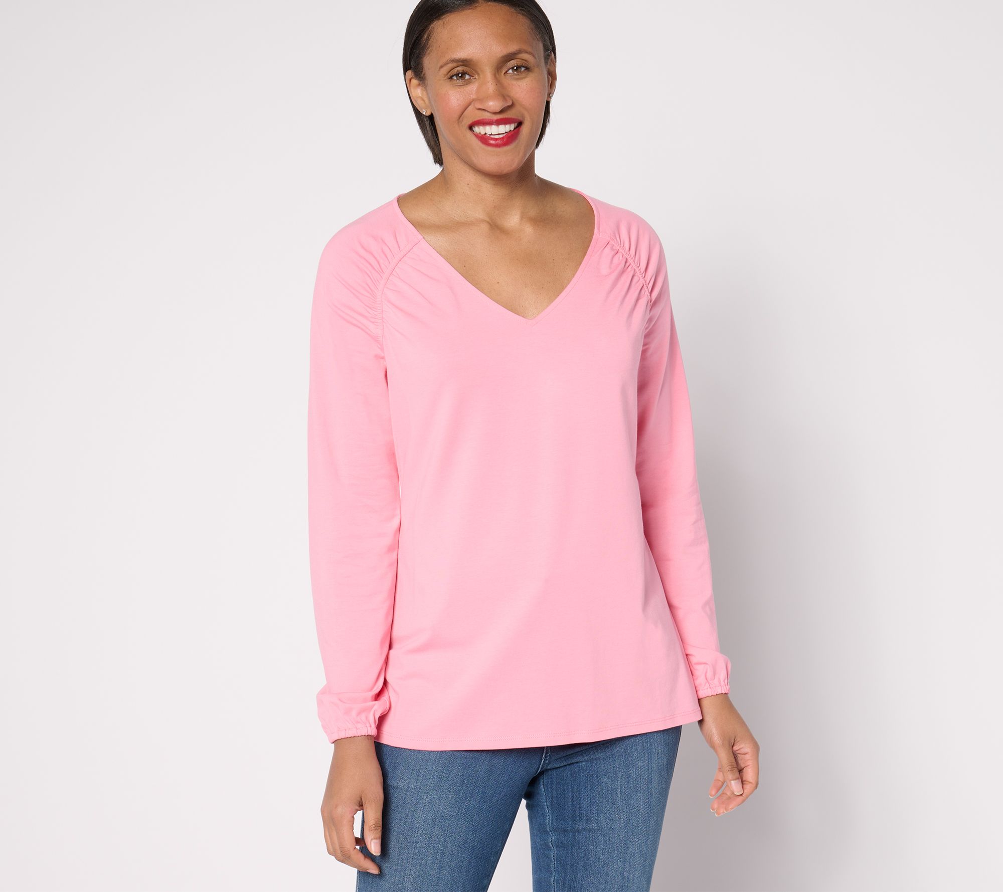 Belle by Kim Gravel TripleLuxe Knit Ruched Shoulder V-Neck Top