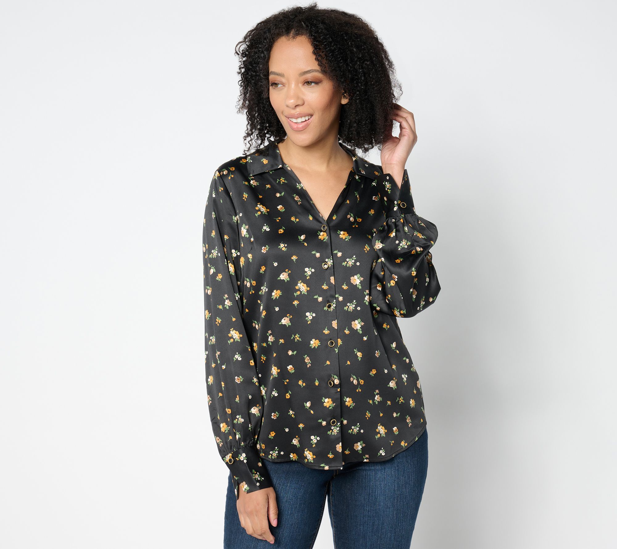 "As Is" Isaac Mizrahi Live! Estate Printed Stretch Sateen Button Blouse