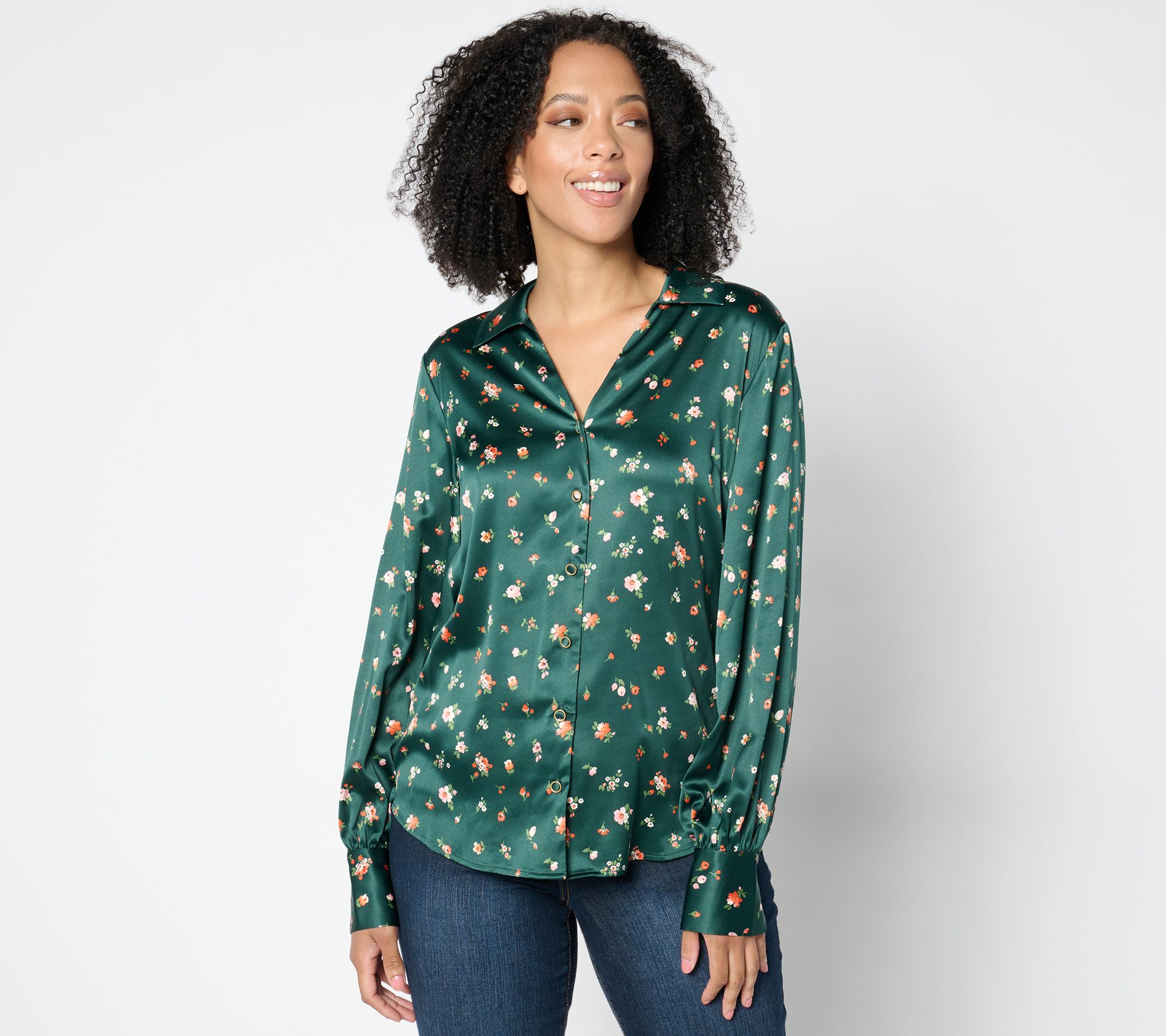 "As Is" Isaac Mizrahi Live! Estate Printed Stretch Sateen Button Blouse