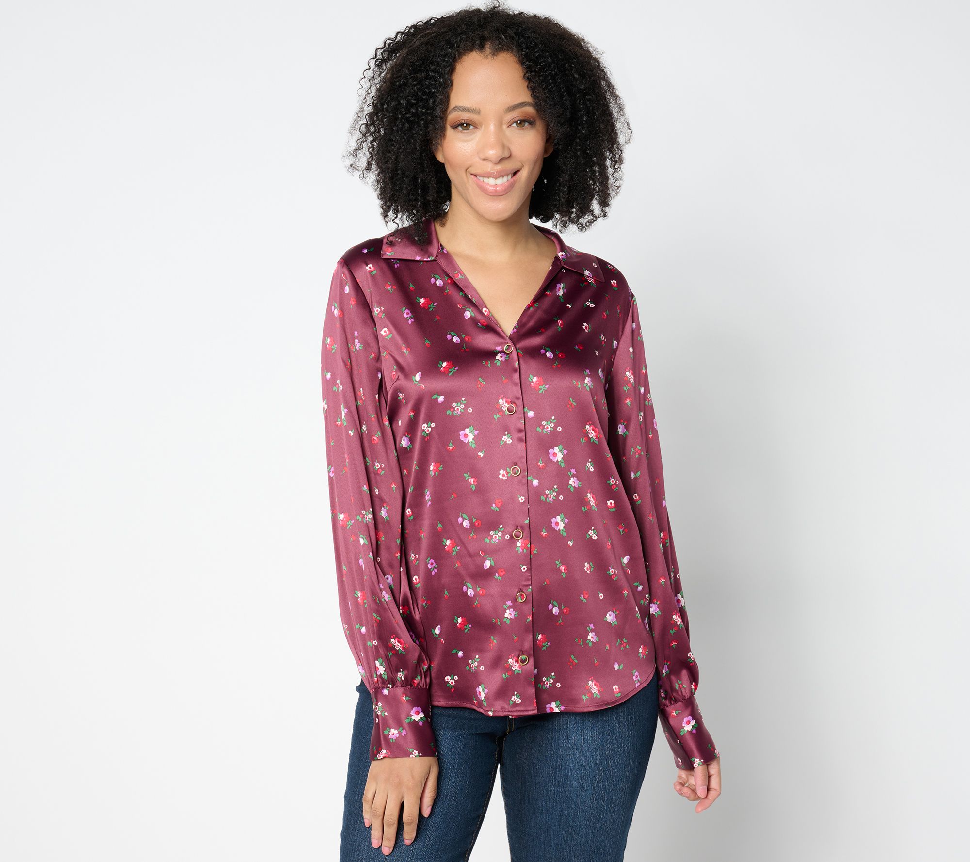 "As Is" Isaac Mizrahi Live! Estate Printed Stretch Sateen Button Blouse
