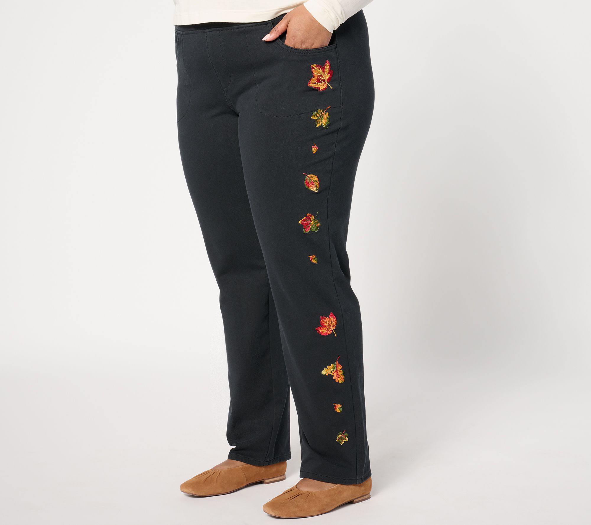 "As Is" Quacker Factory Regular DreamJeannes Hello Autumn Embroidery Pant