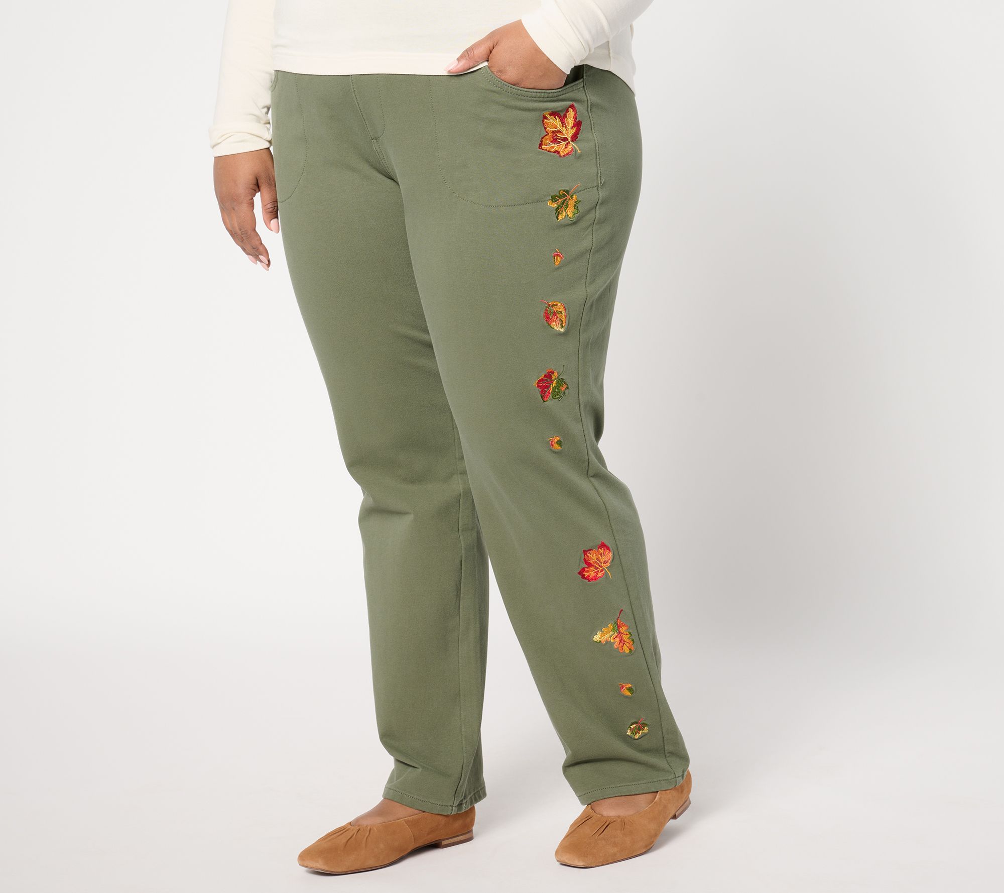 "As Is" Quacker Factory Regular DreamJeannes Hello Autumn Embroidery Pant