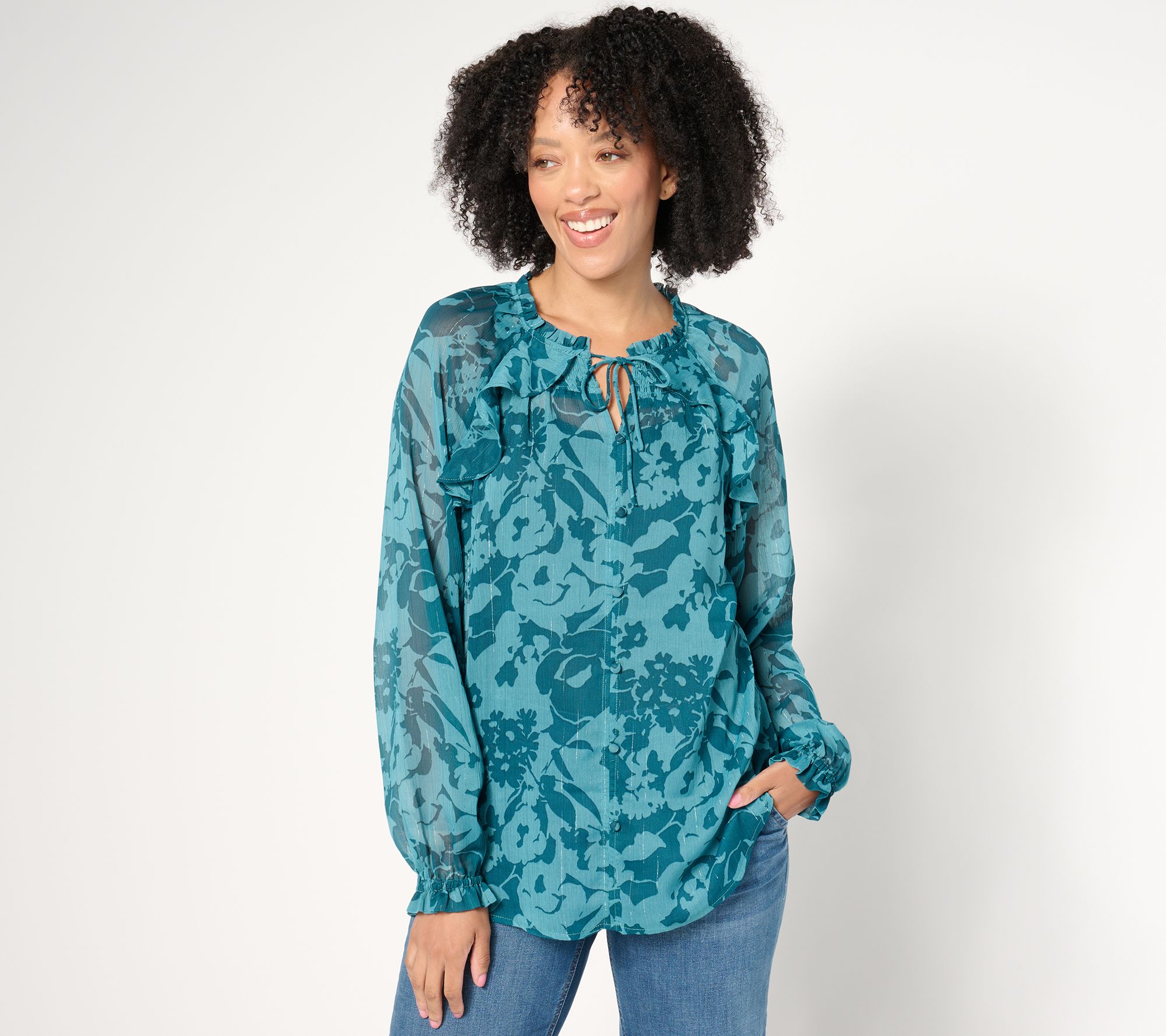 "As Is" Denim & Co. Signature Raglan Sleeve Ruffle Detail Printed Top