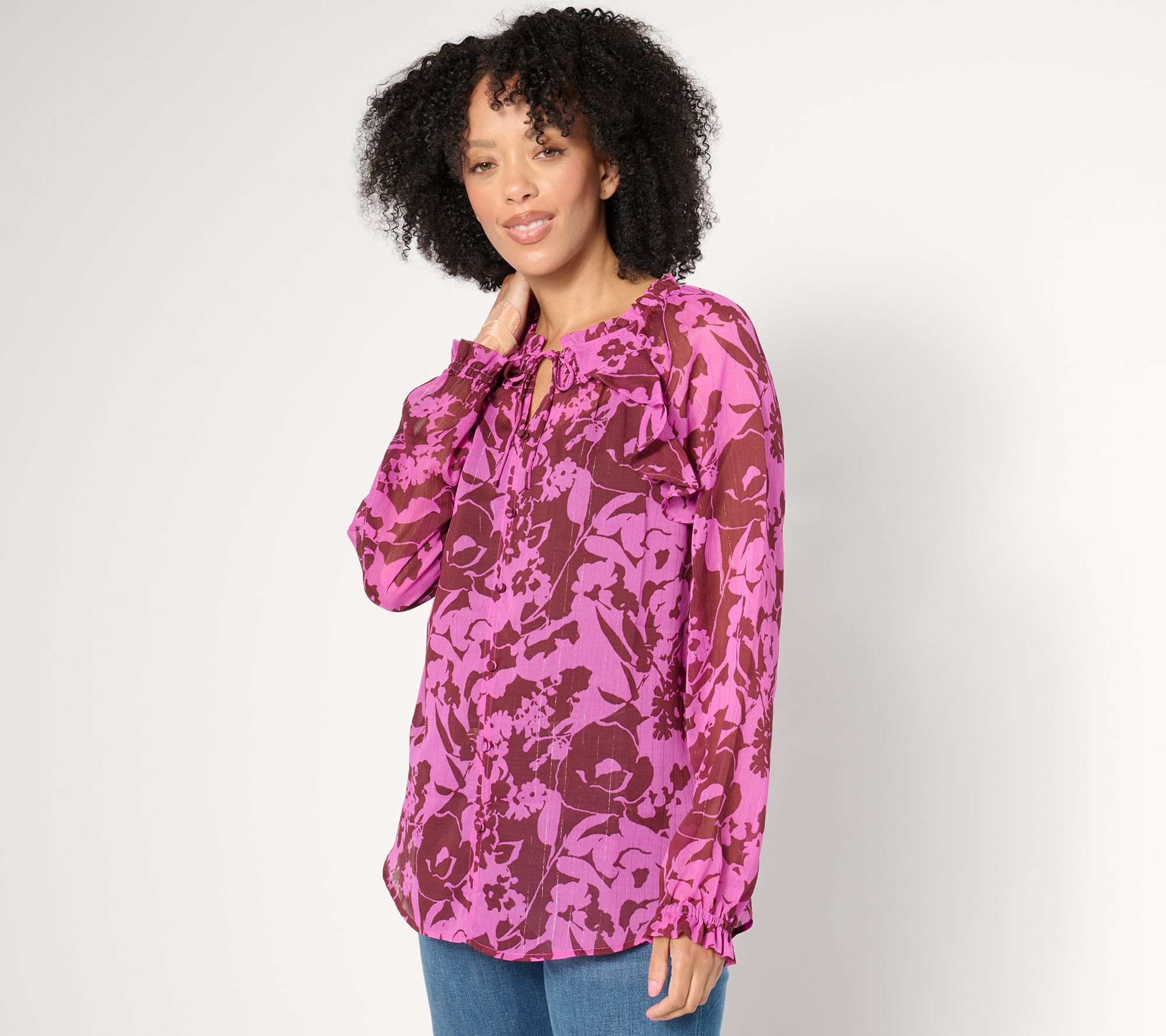 "As Is" Denim & Co. Signature Raglan Sleeve Ruffle Detail Printed Top
