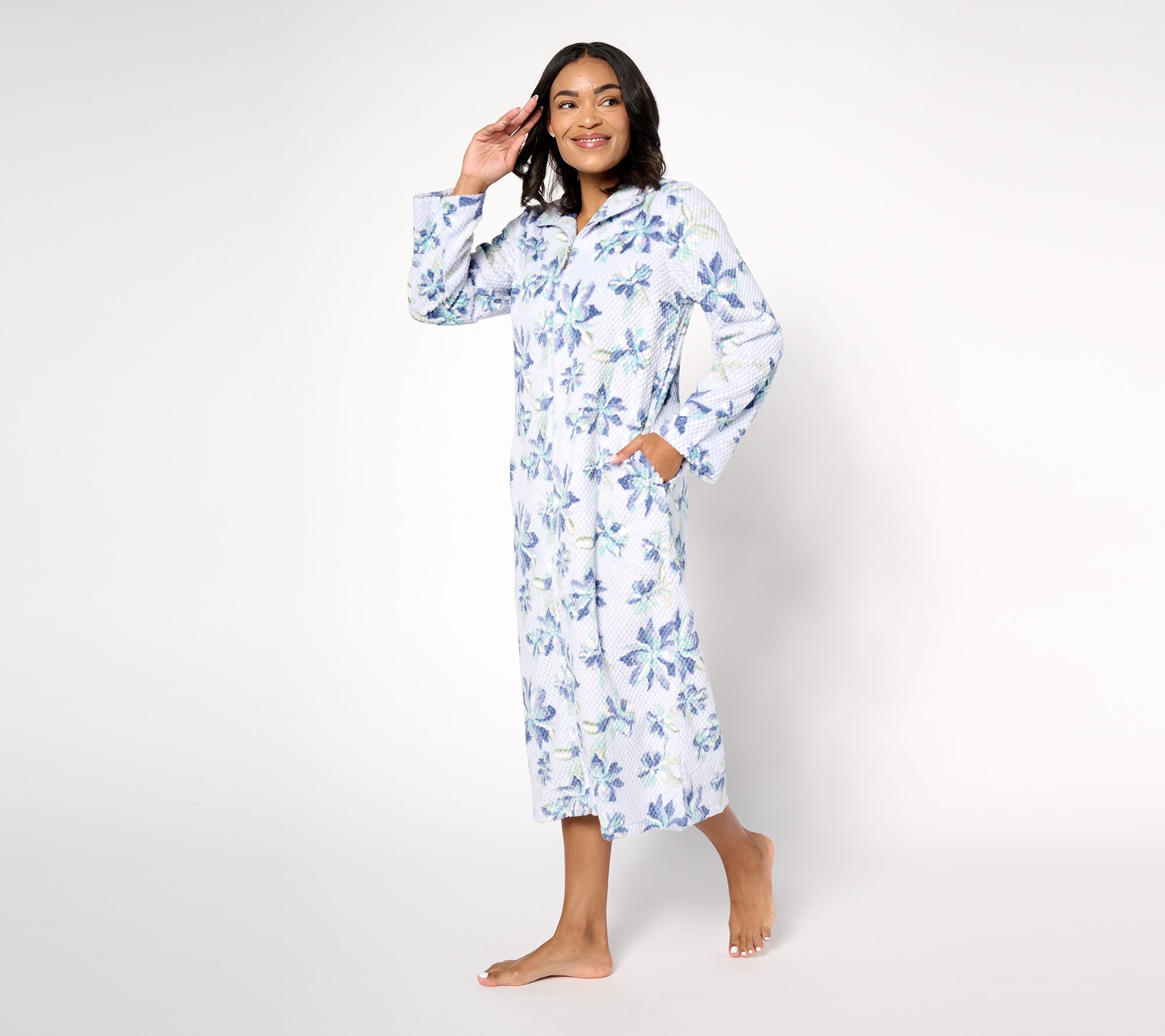 "As Is" Stan Herman Falling Floral Dimple Plush Zip Robe