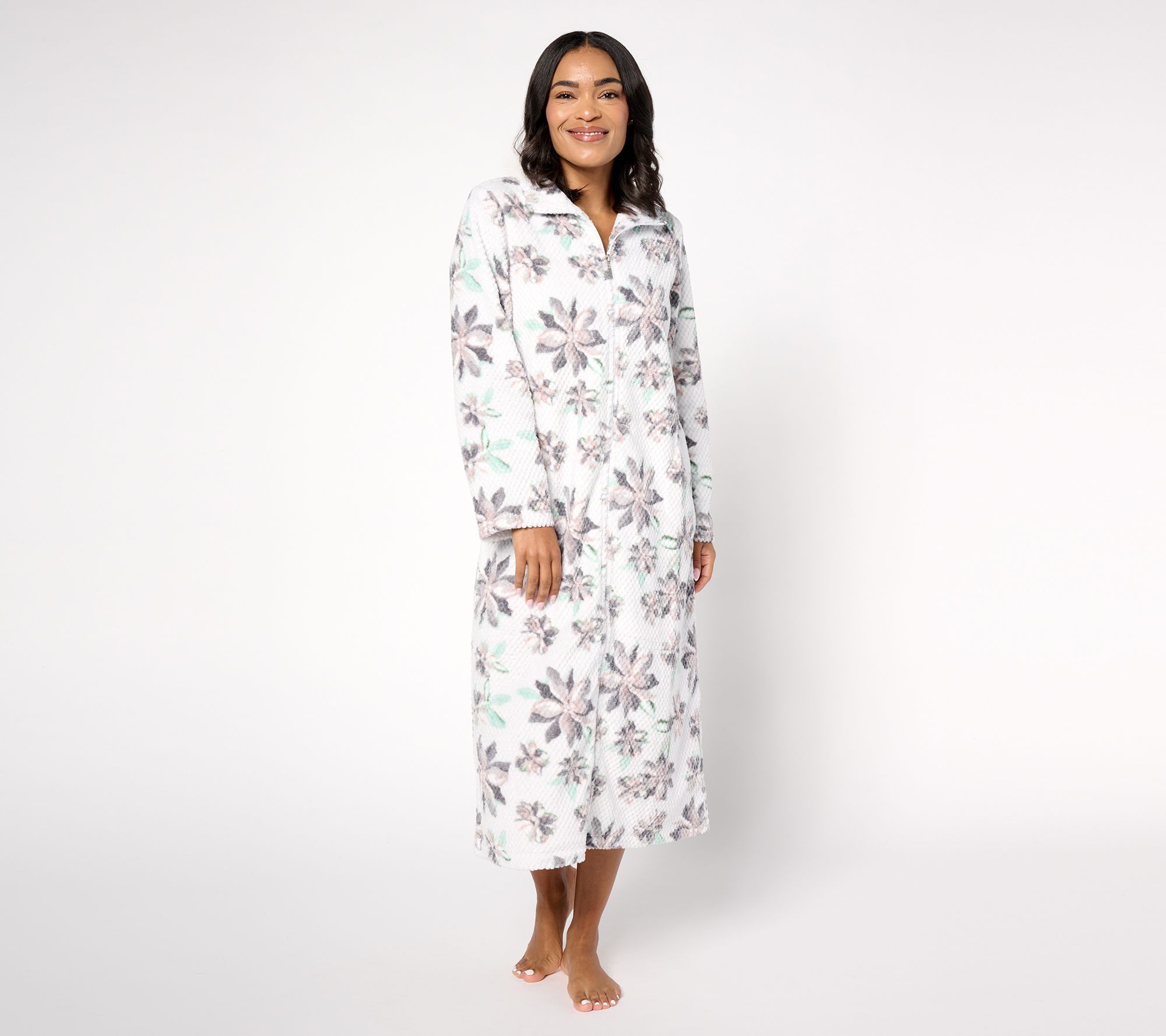 "As Is" Stan Herman Falling Floral Dimple Plush Zip Robe