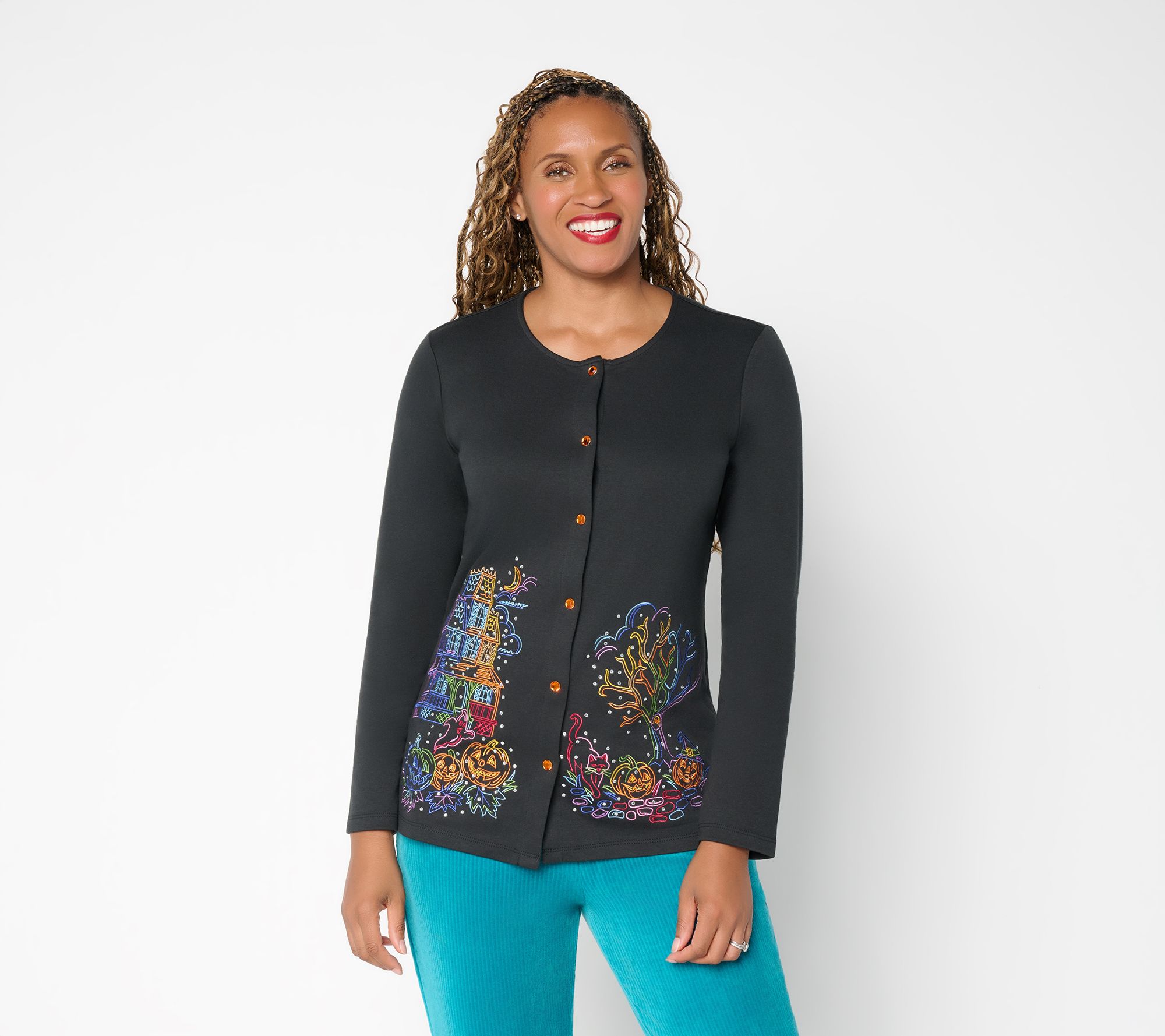 Quacker Factory Fall Delights Line Drawn Embroidered Cardigan