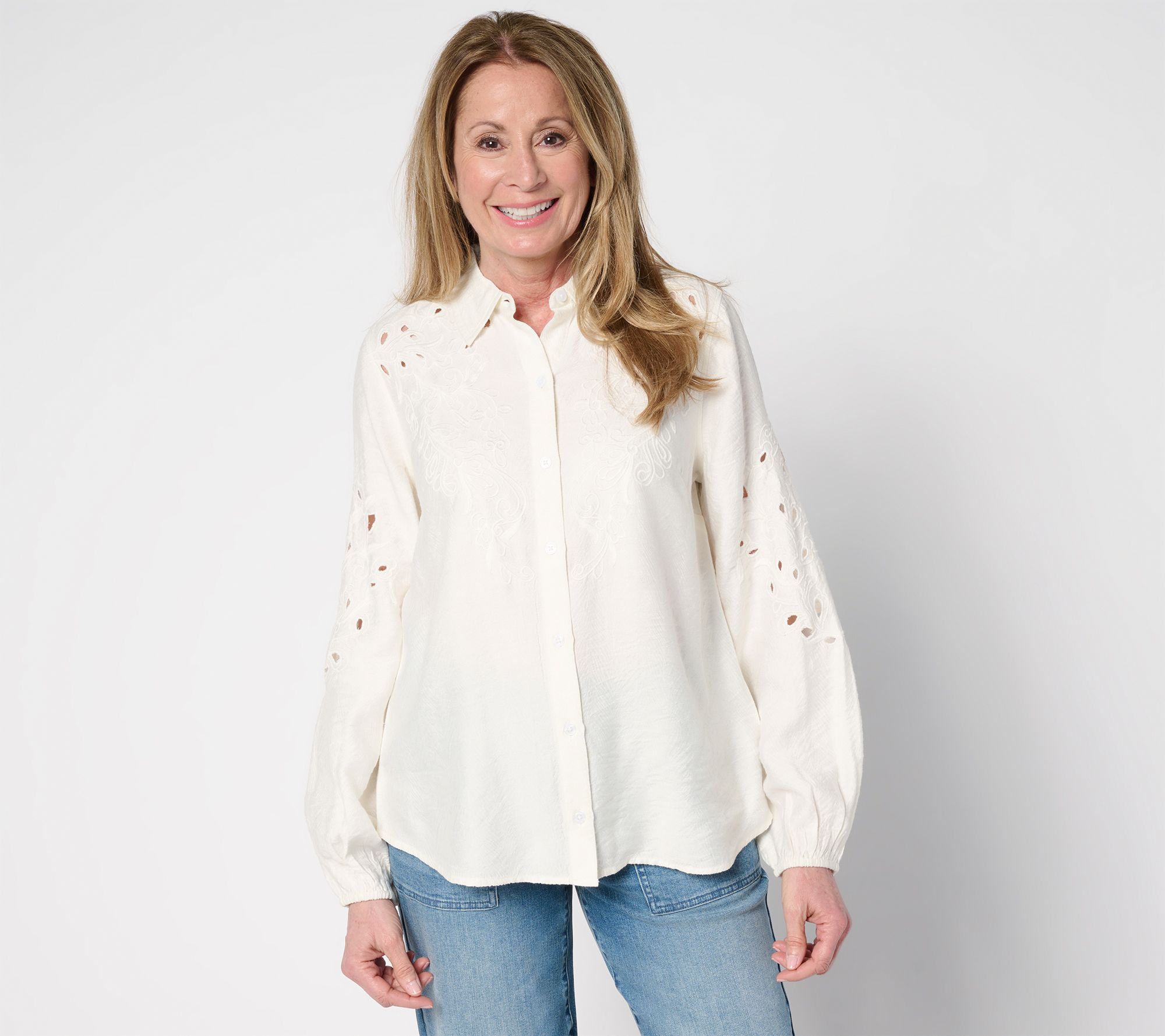 "As Is" LOGO Lavish by Lori Goldstein Embroidered Eyelet Blouse