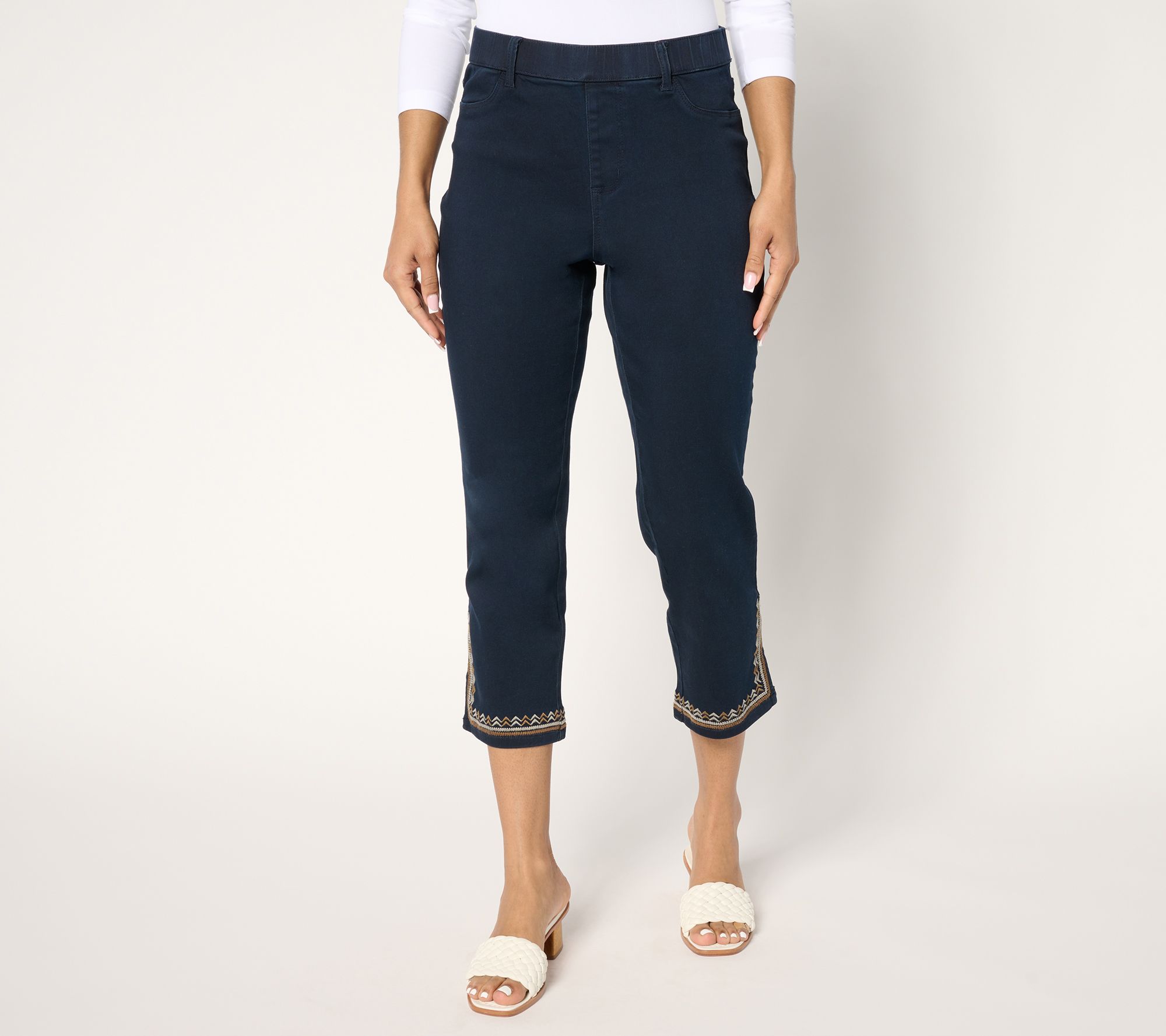 "As Is" Susan Graver Petite Soft Stretch Embroidered Hem Crop Jeans