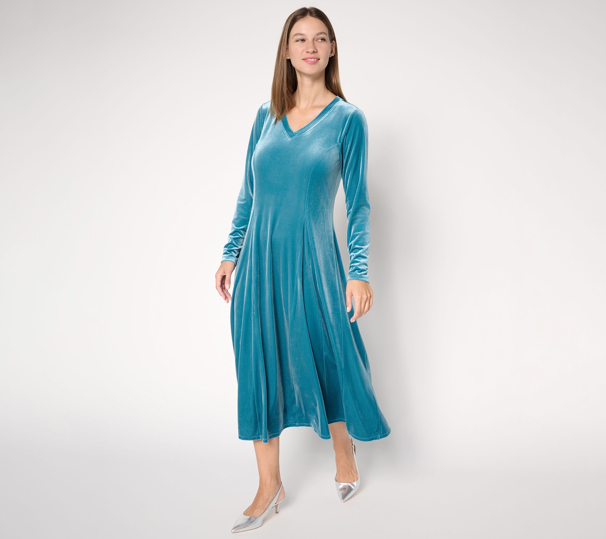 Attitudes by Renee Regular Velvet Godet V-Neck Midi Dress