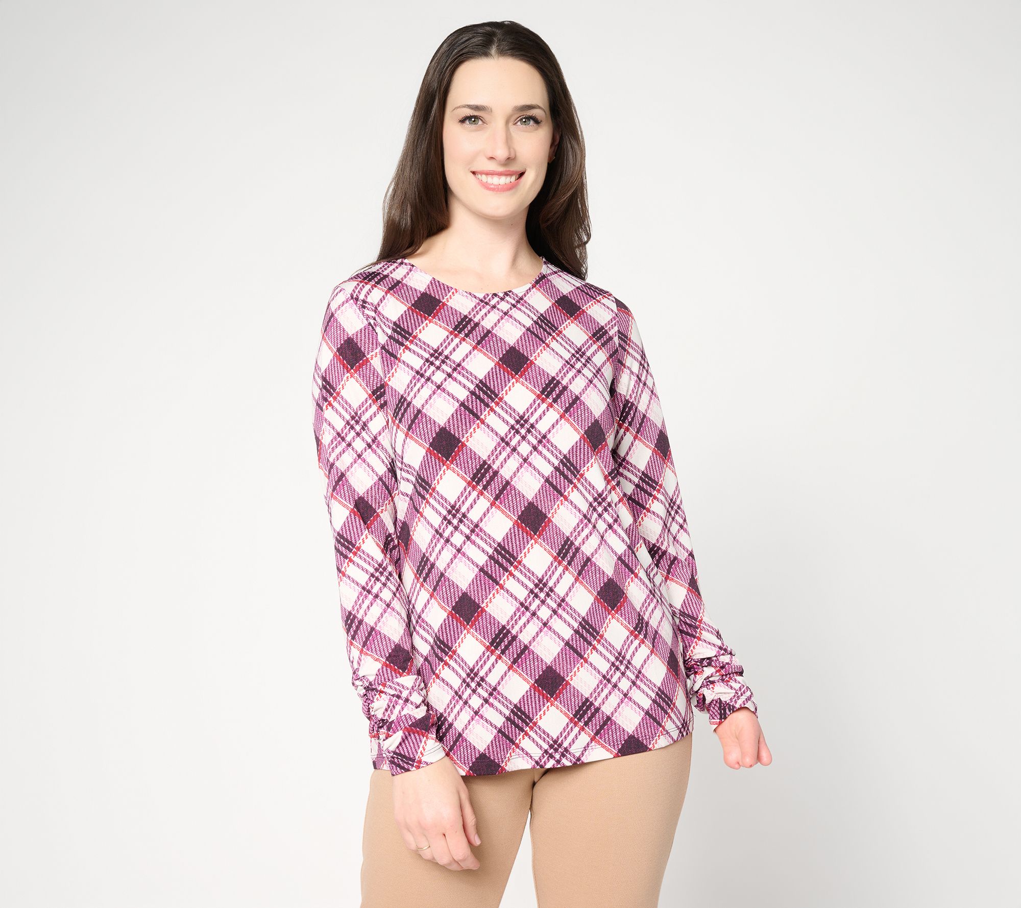 Susan Graver Printed Liquid Knit Ruched Sleeve Top